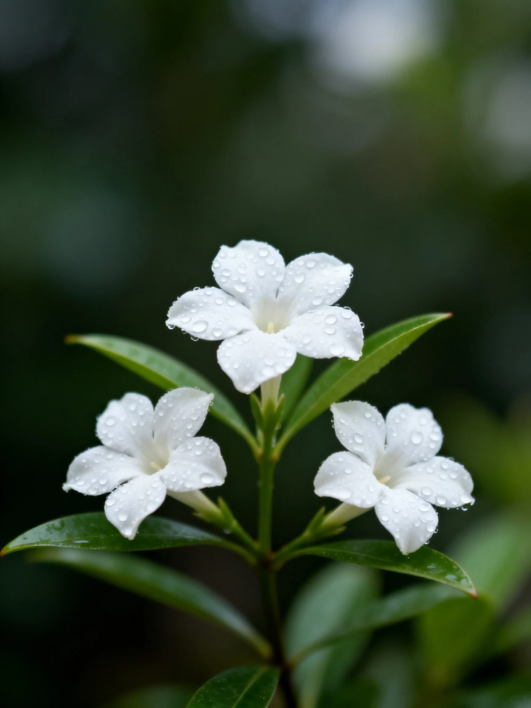 Three white flowers with dewdrops among green leaves