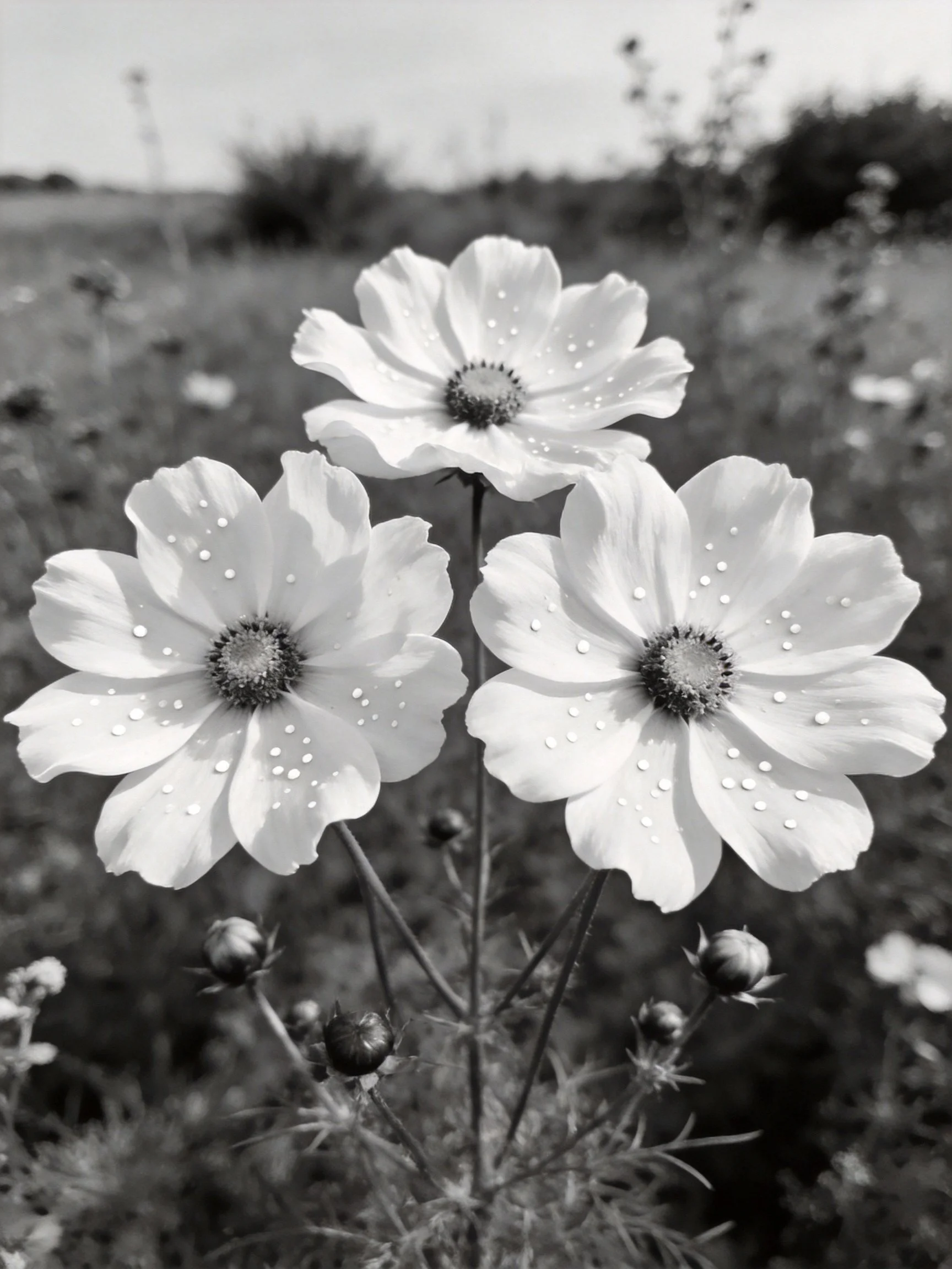 Three white flowers with dewdrops in a natural field