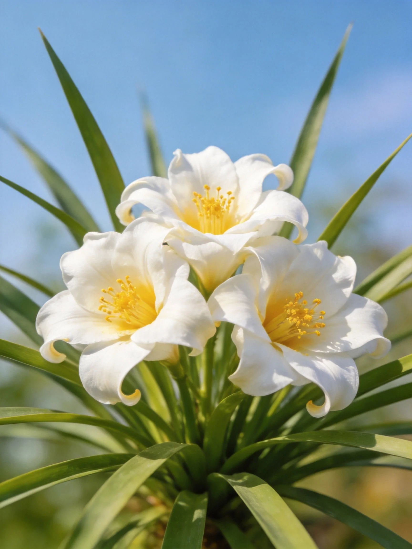 Three white flowers with yellow centers are framed by long green leaves against a blue sky.