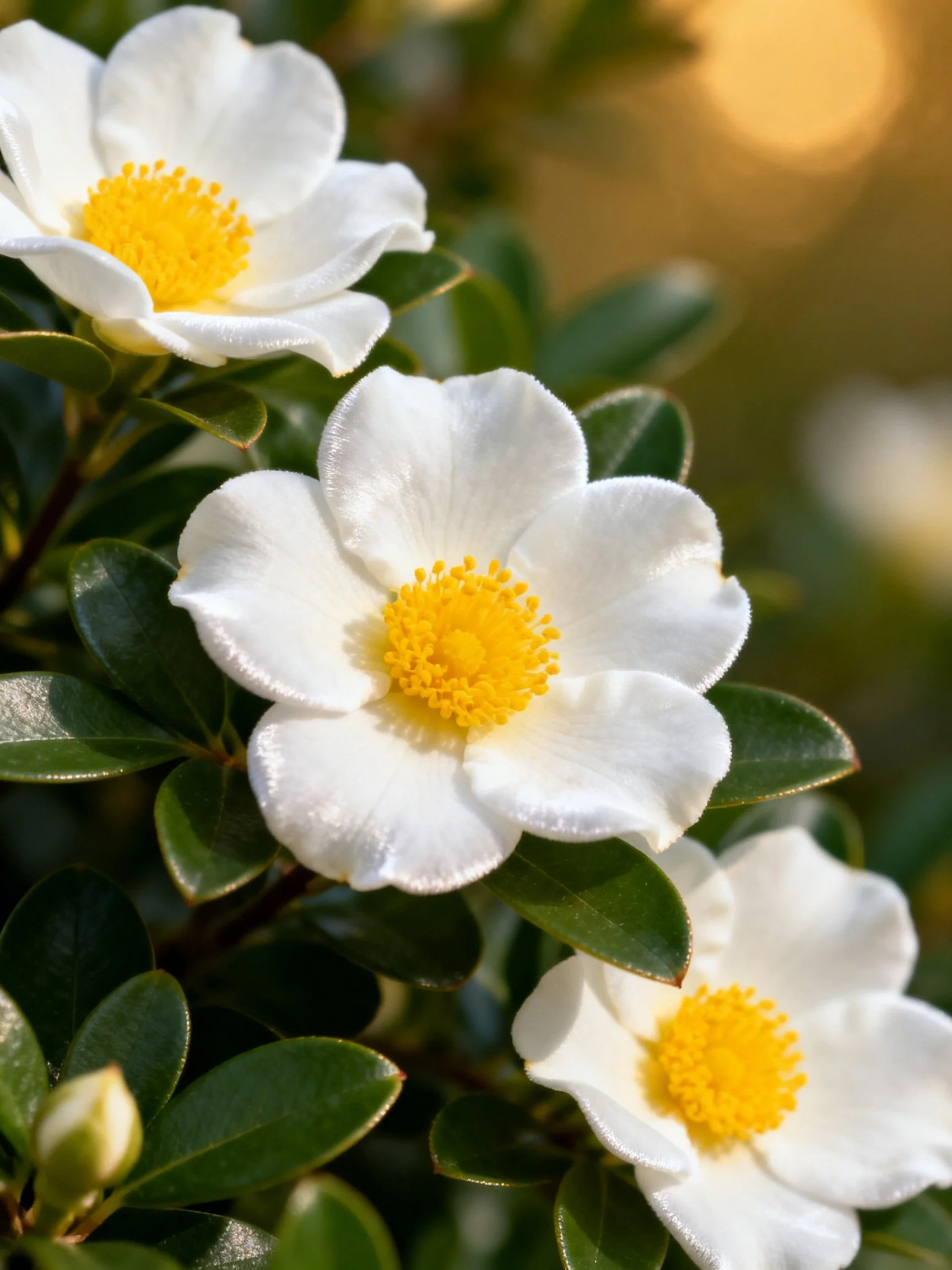 Three white flowers with yellow centers amidst glossy green leaves