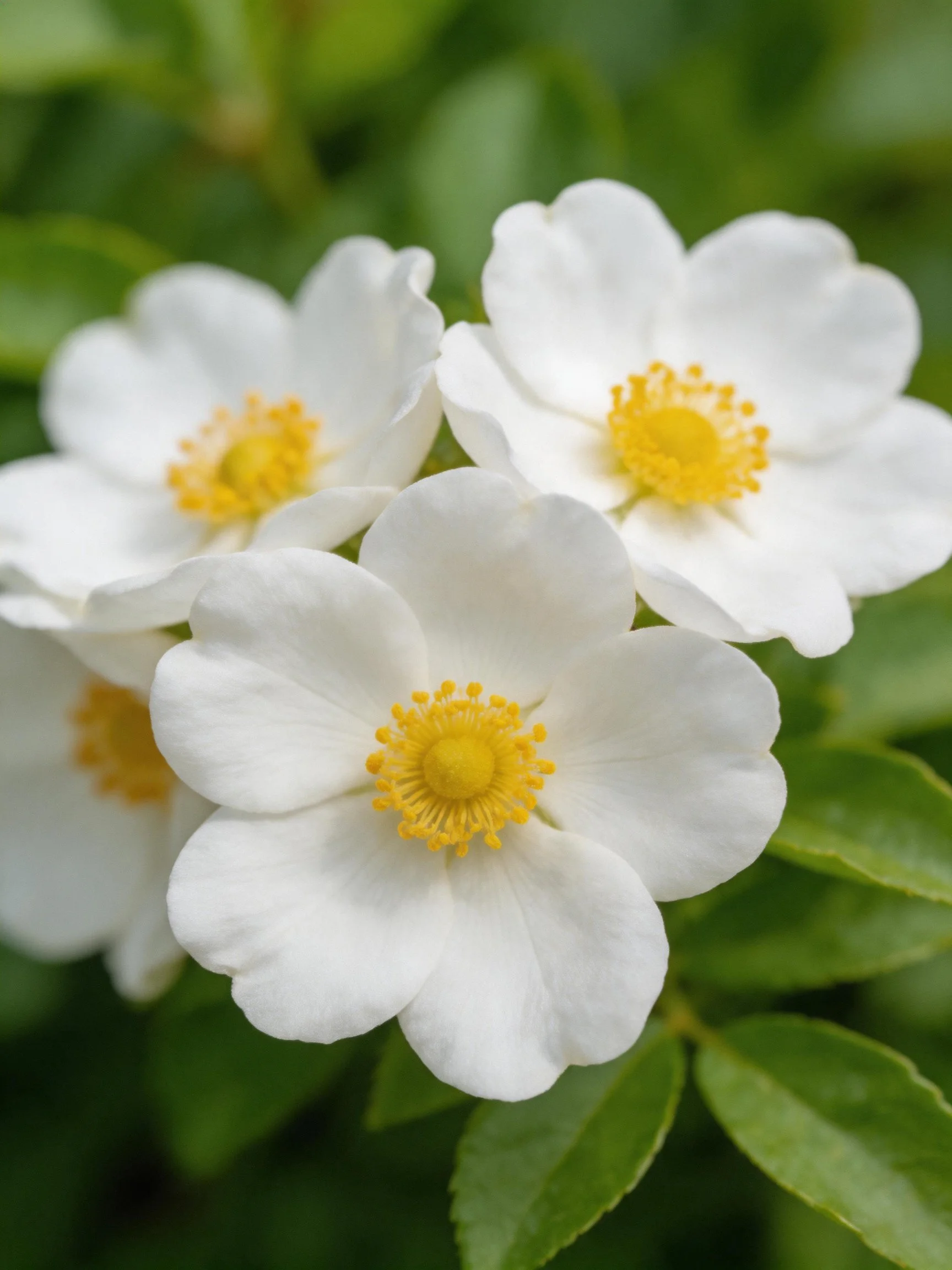 Three white flowers with yellow centers among green leaves