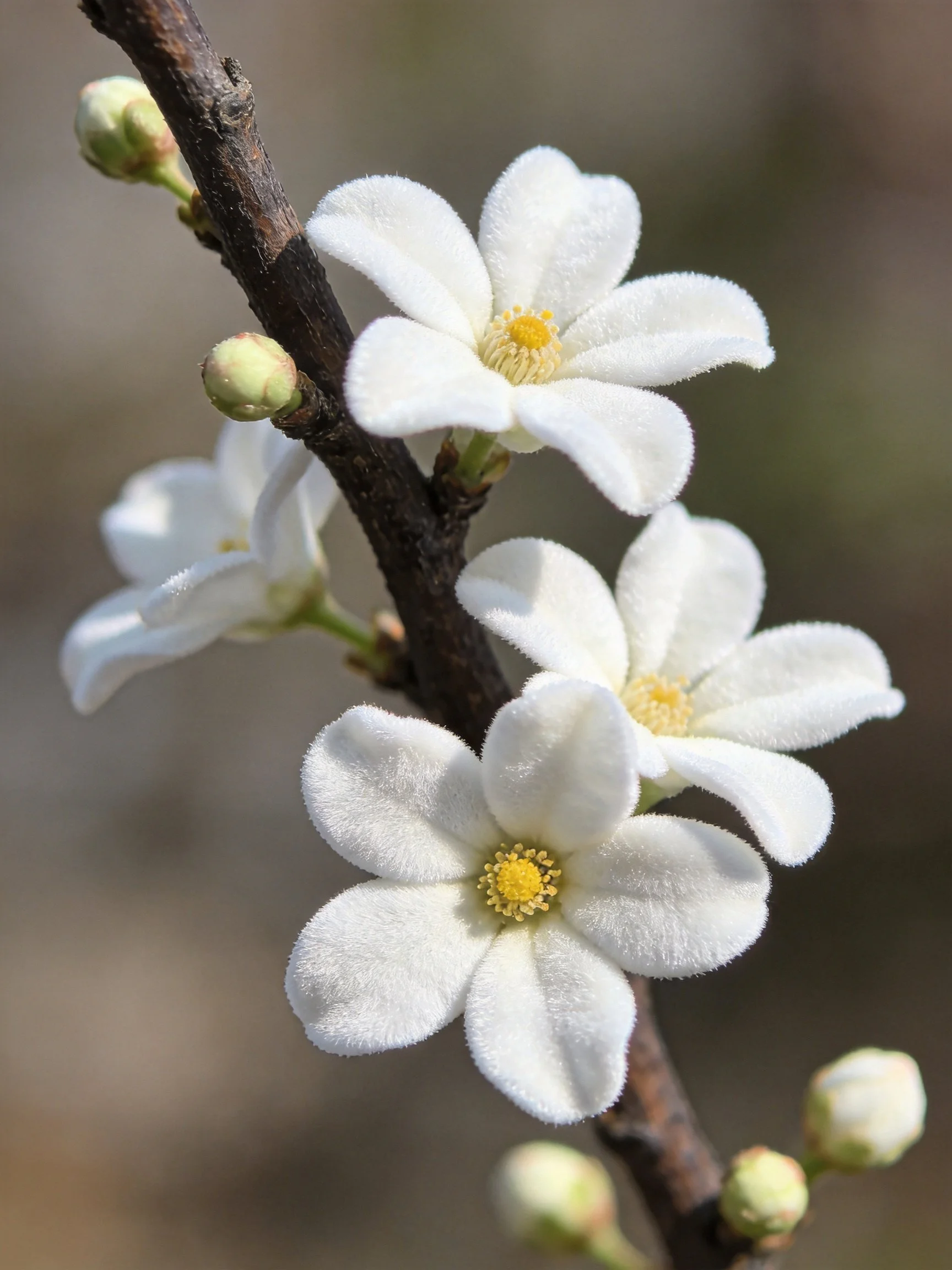 Three white flowers with yellow centers bloom on a dark branch