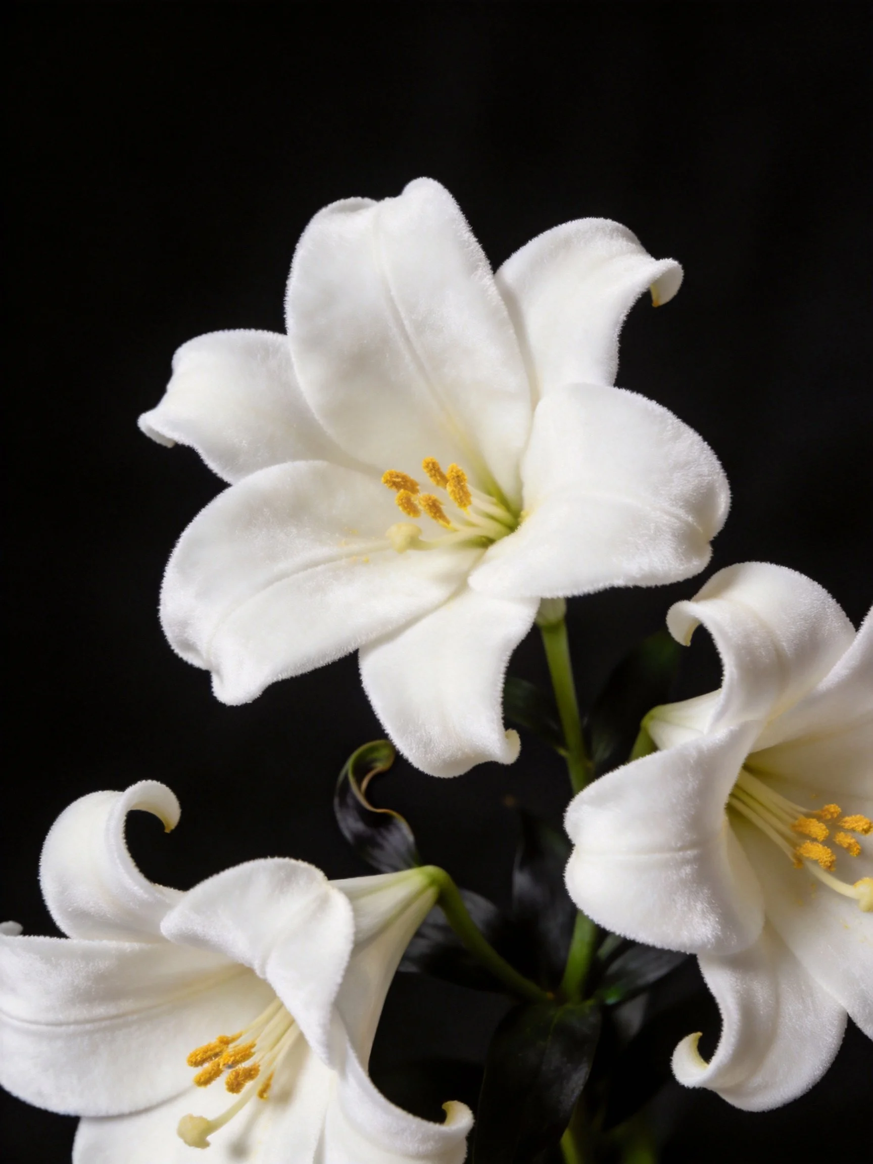 Three white lilies with golden stamens against a black backdrop