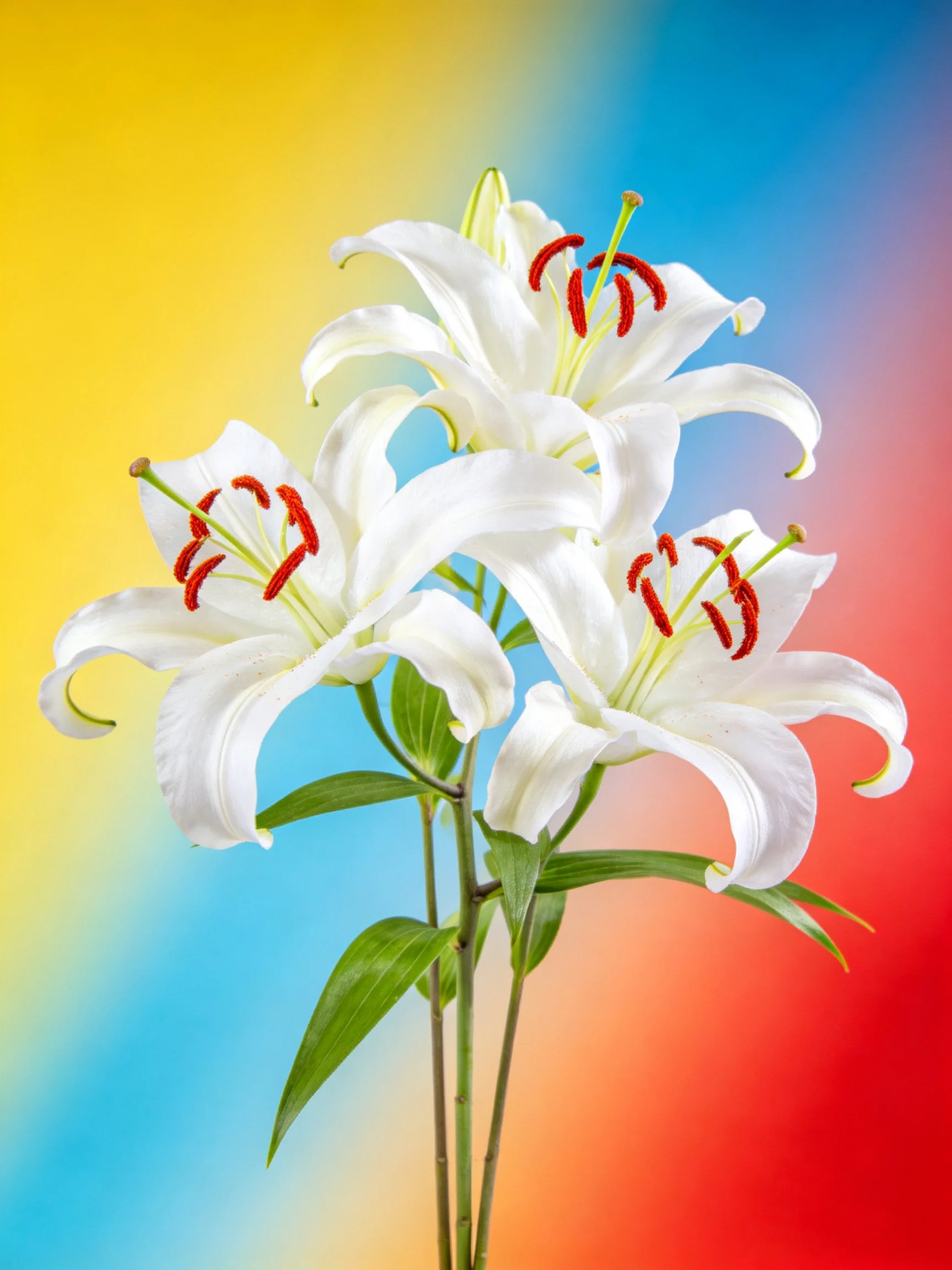Three white lilies with red stamens against gradient colored backdrop