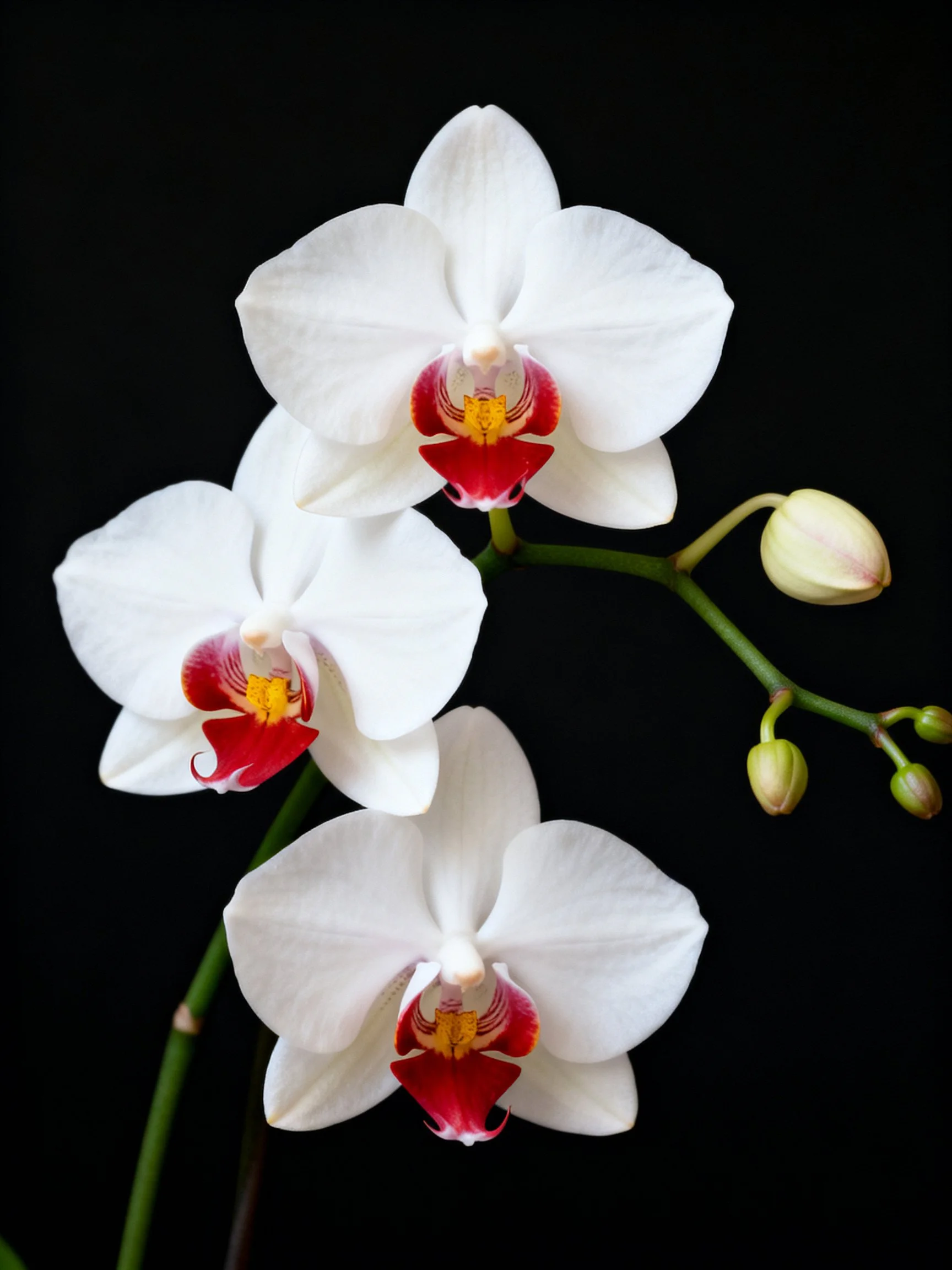 Three white orchid blooms with red centers and unopened buds