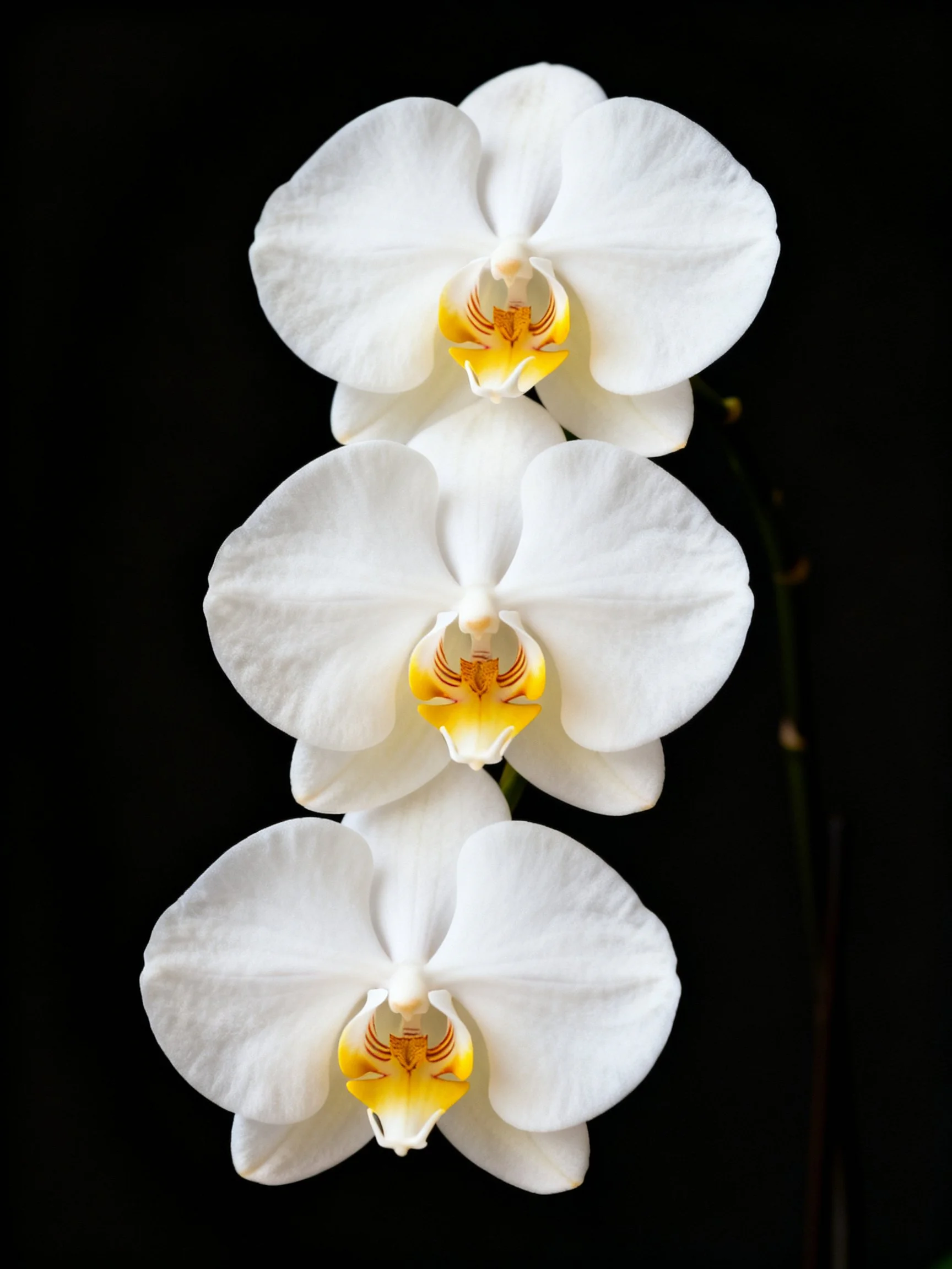 Three white orchids with yellow centers against a black backdrop