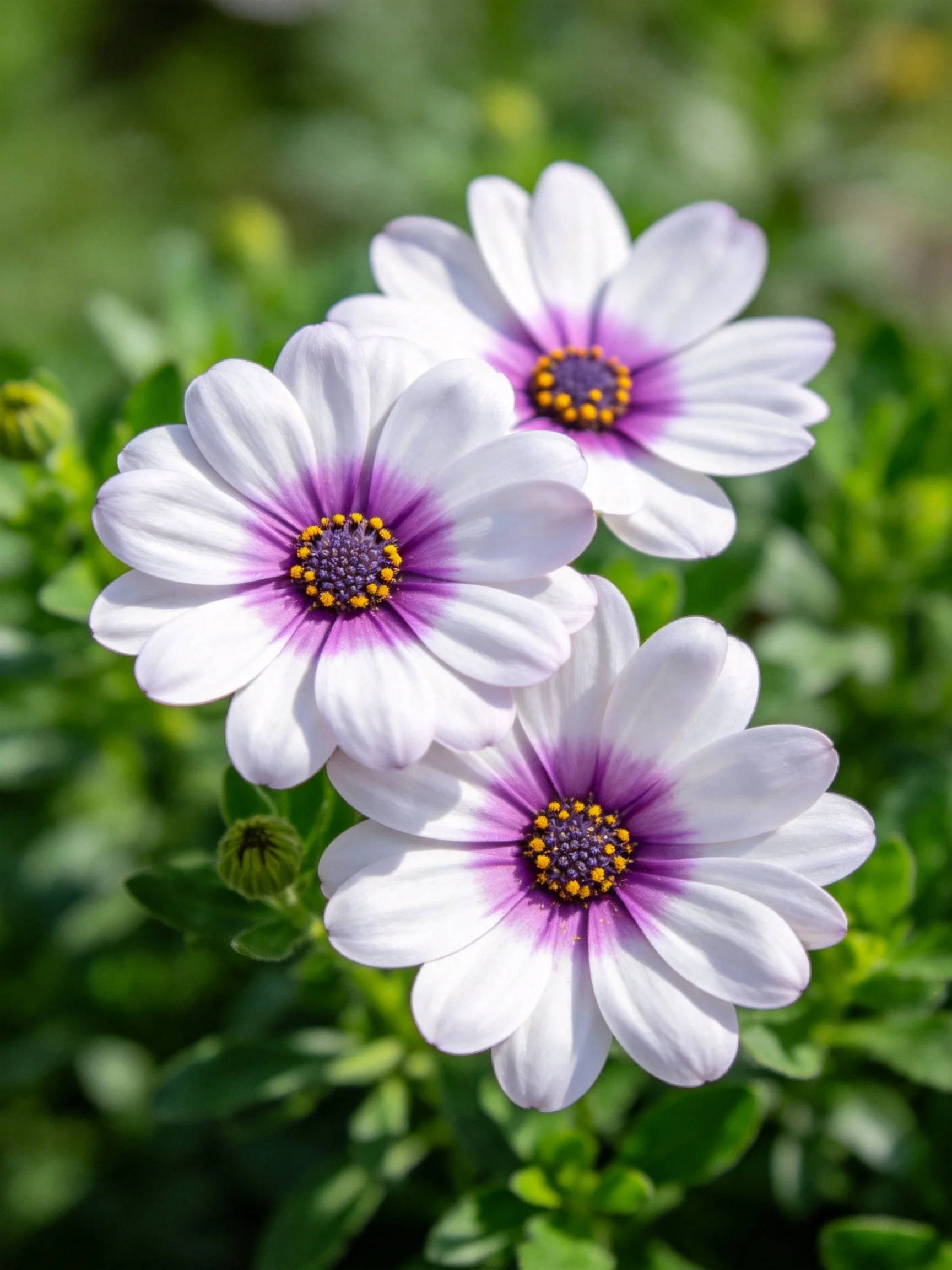 Three white-petaled flowers with purple centers amid green foliage