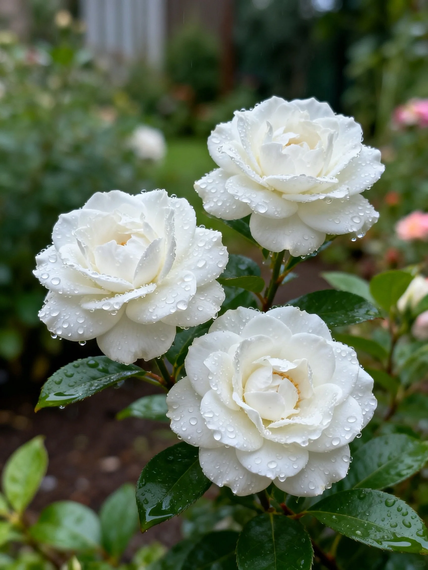 Three white roses with dewdrops in a lush garden