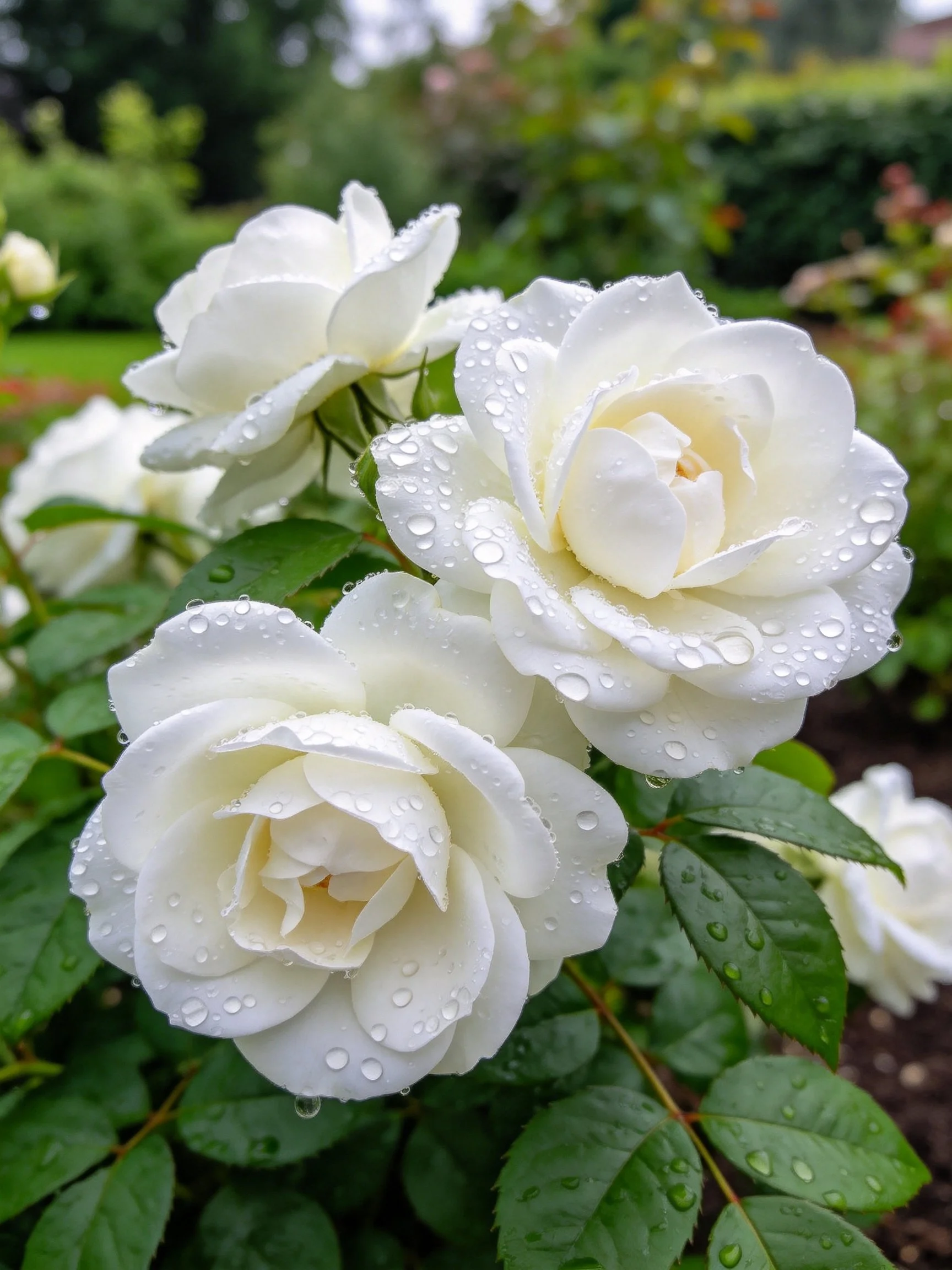 Three white roses with dewdrops in a verdant garden