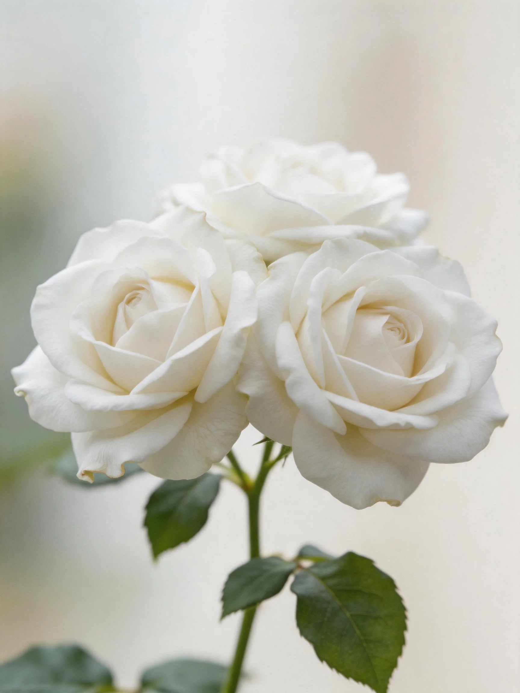 Three white roses with green leaves in soft lighting