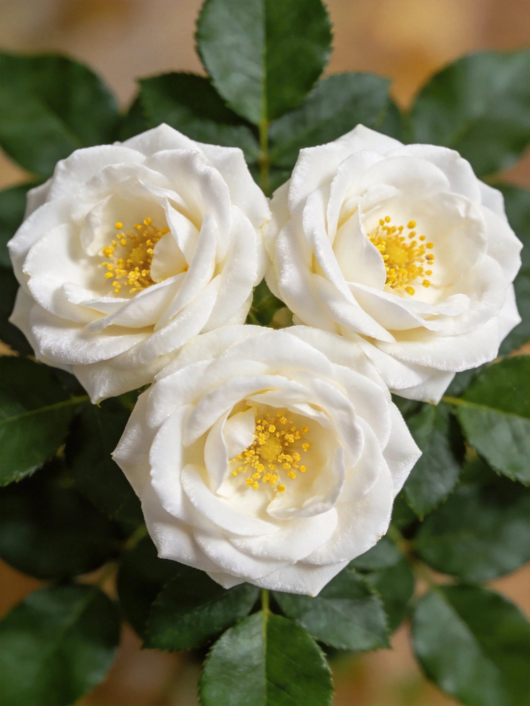 Three white roses with yellow centers amid dark green leaves