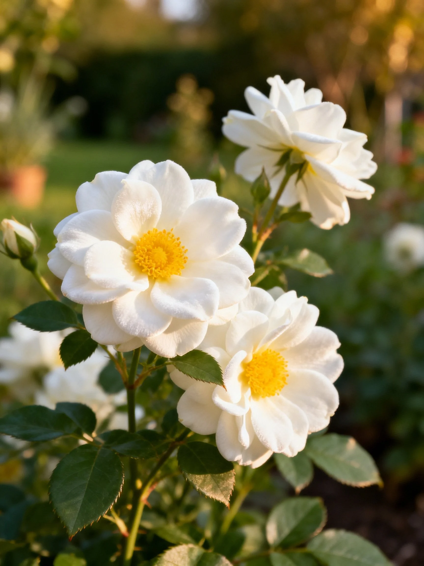 Three white roses with yellow centers bloom among green foliage