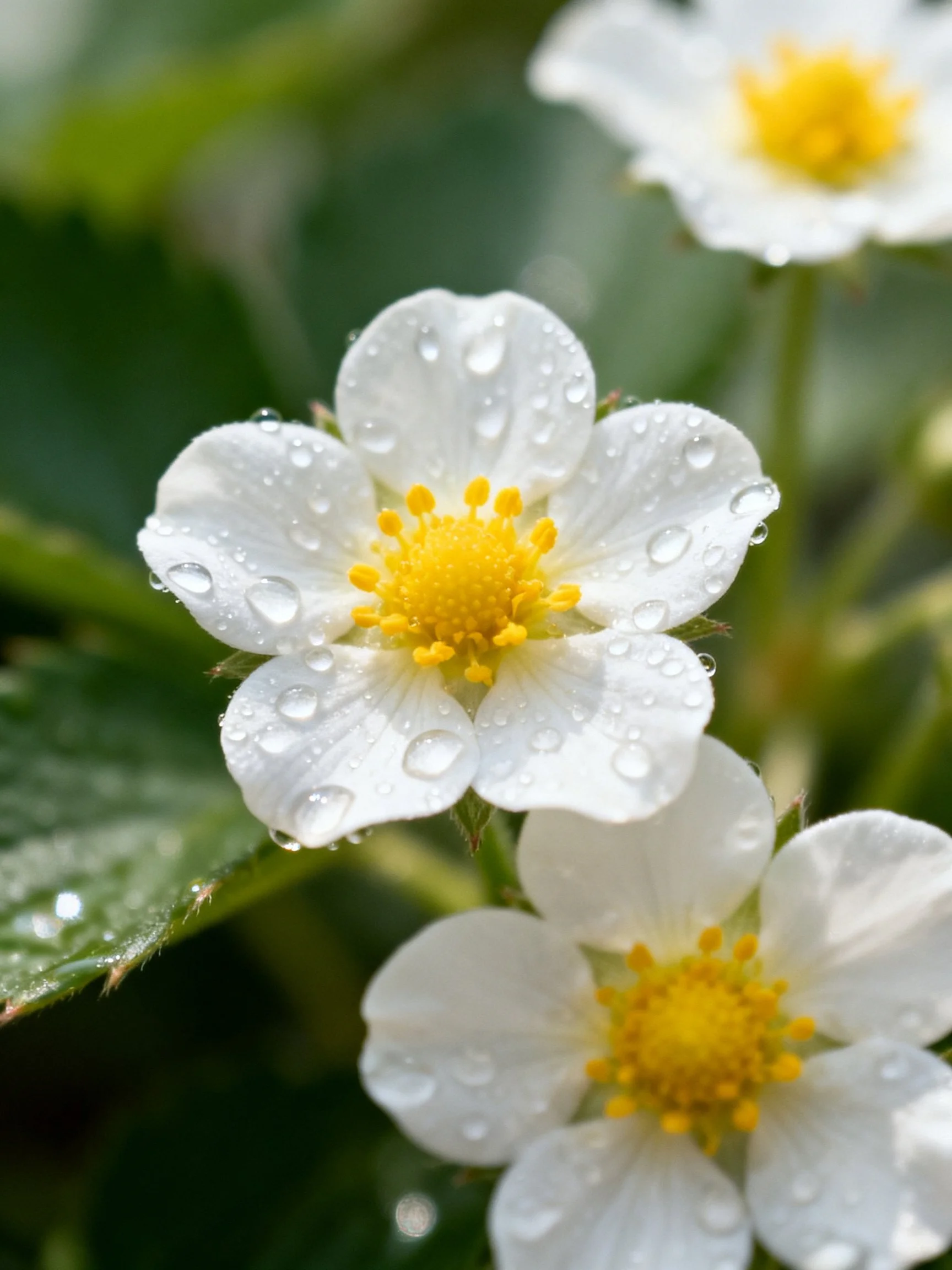 Three white strawberry blossoms with dew drops and yellow centers