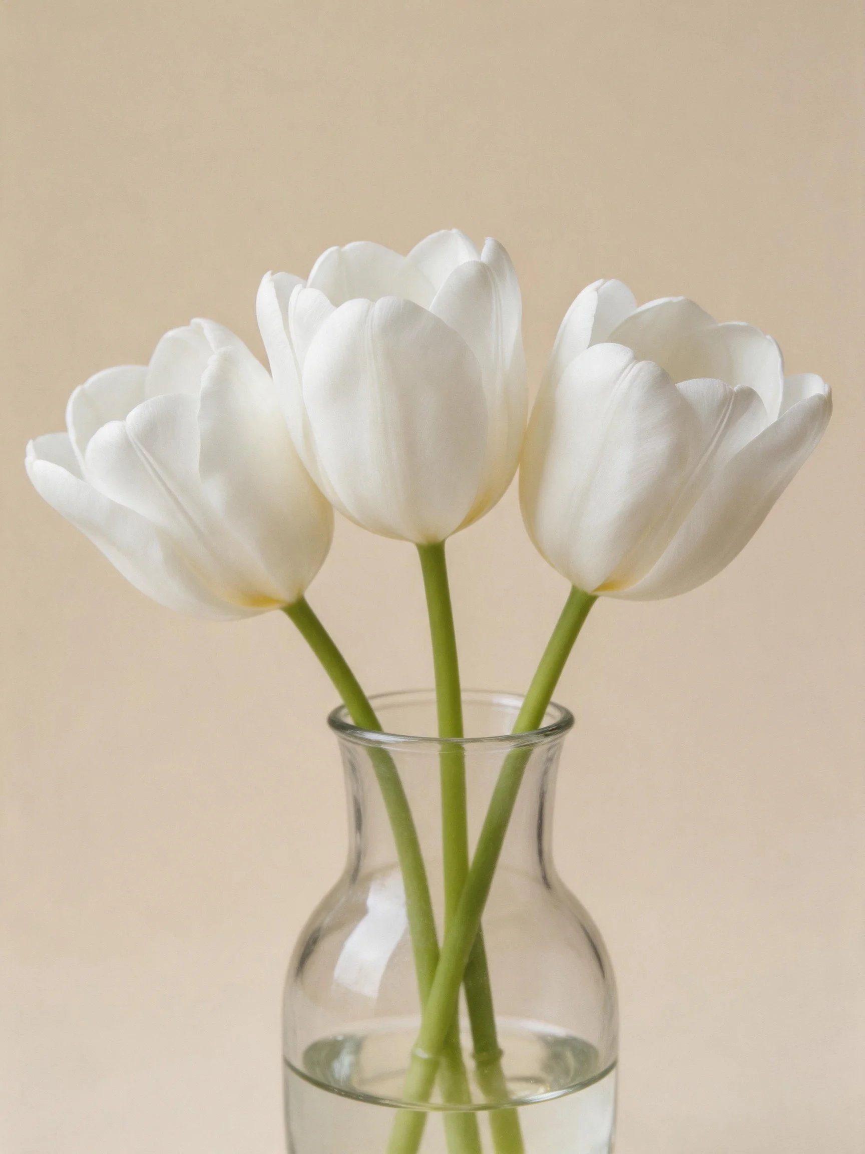 Three white tulips in a clear glass vase