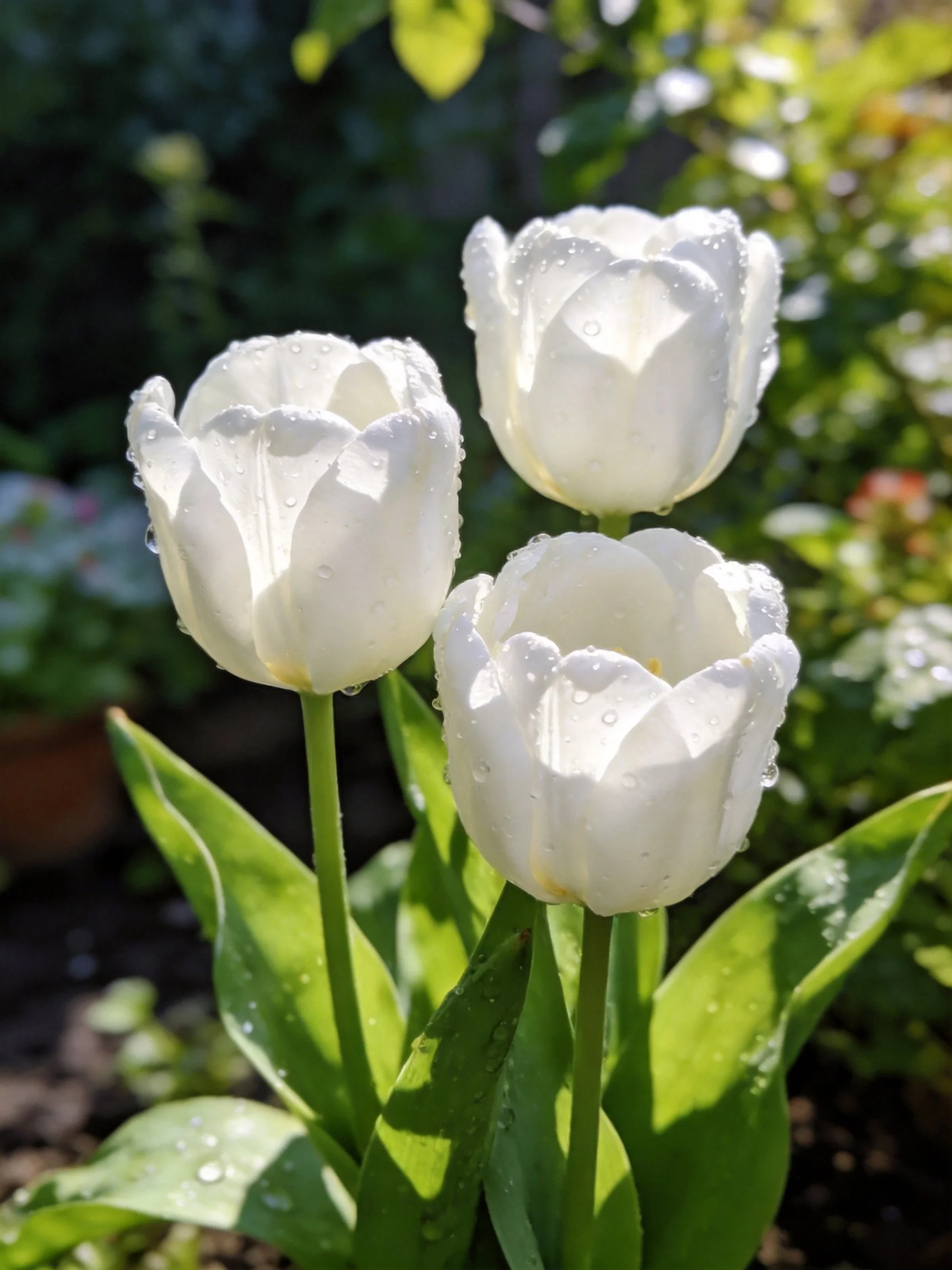 Three white tulips with dewdrops in a lush garden