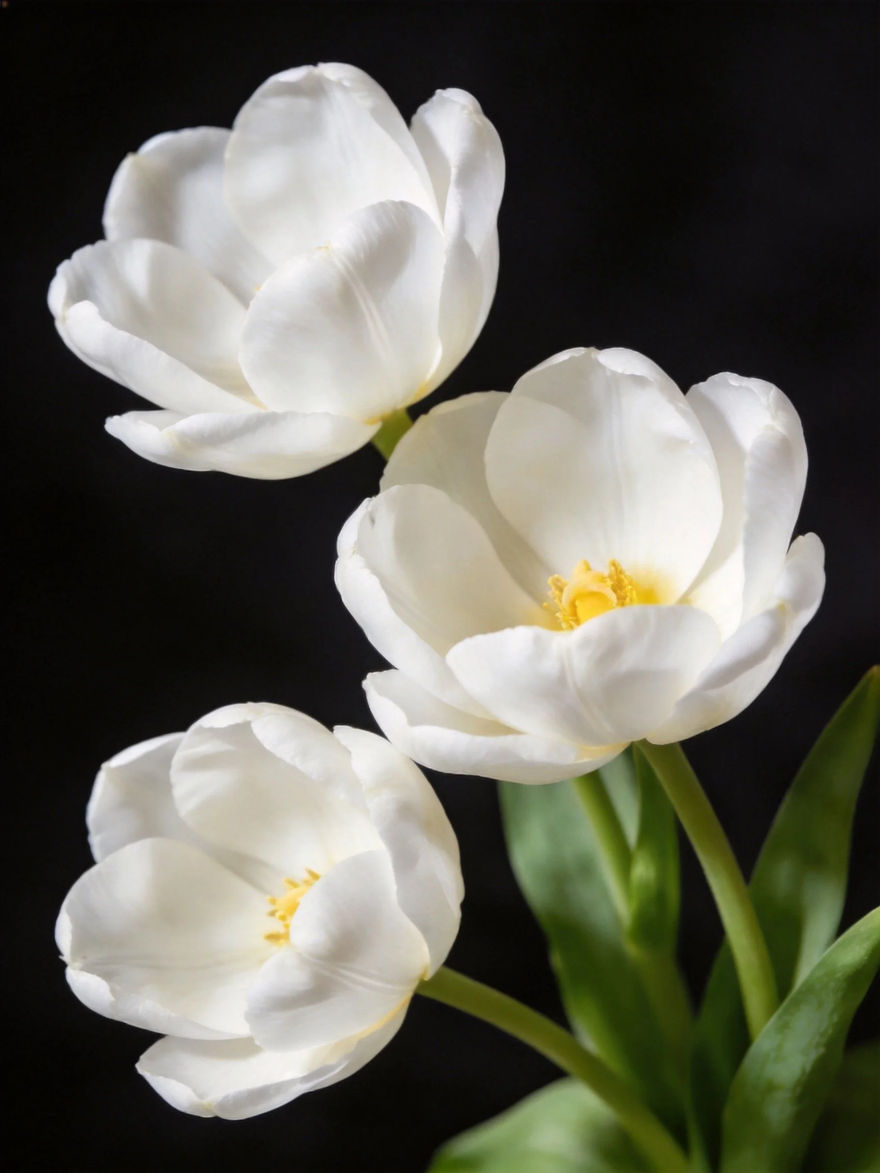 Three white tulips with yellow centers against a black background