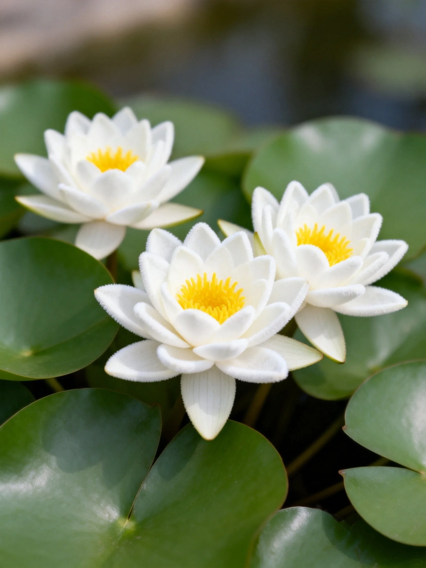 Three white water lilies with yellow centers amid green leaves