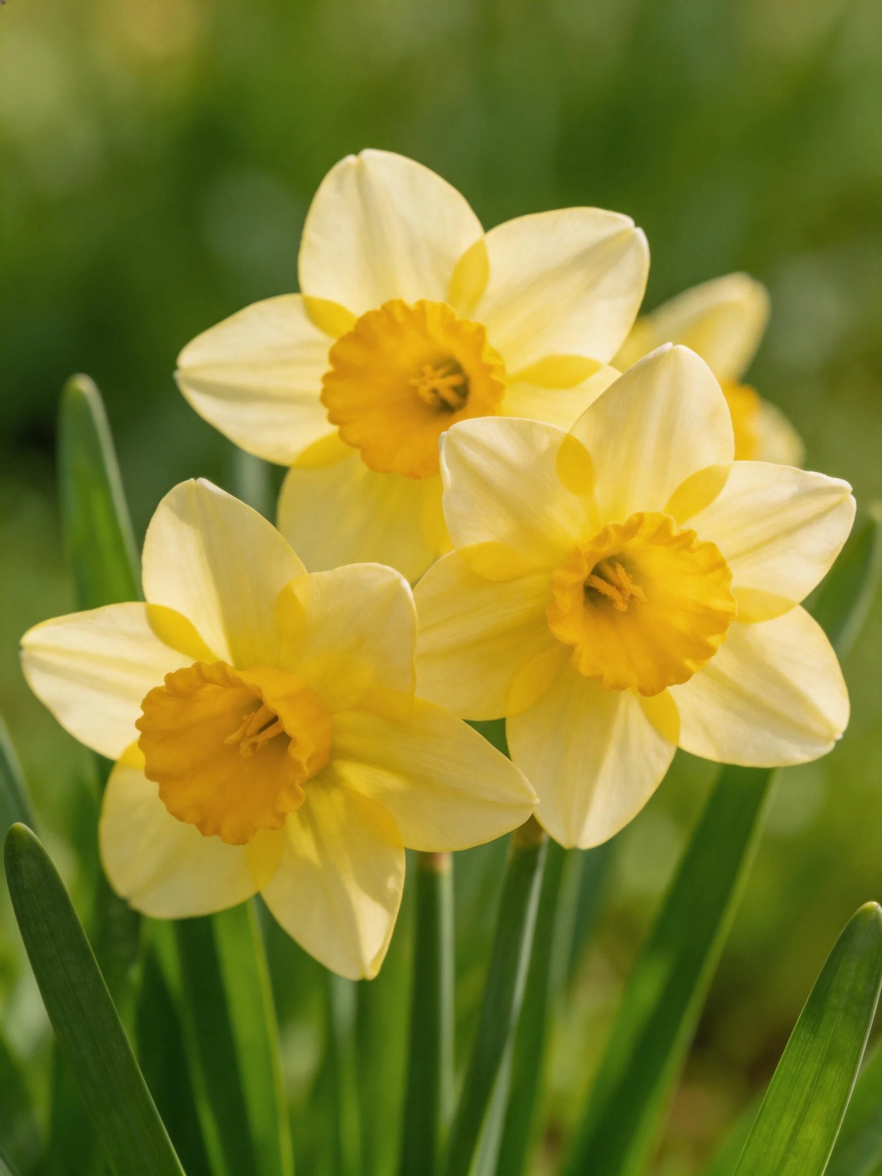 Three yellow daffodil blooms with golden centers amid green foliage