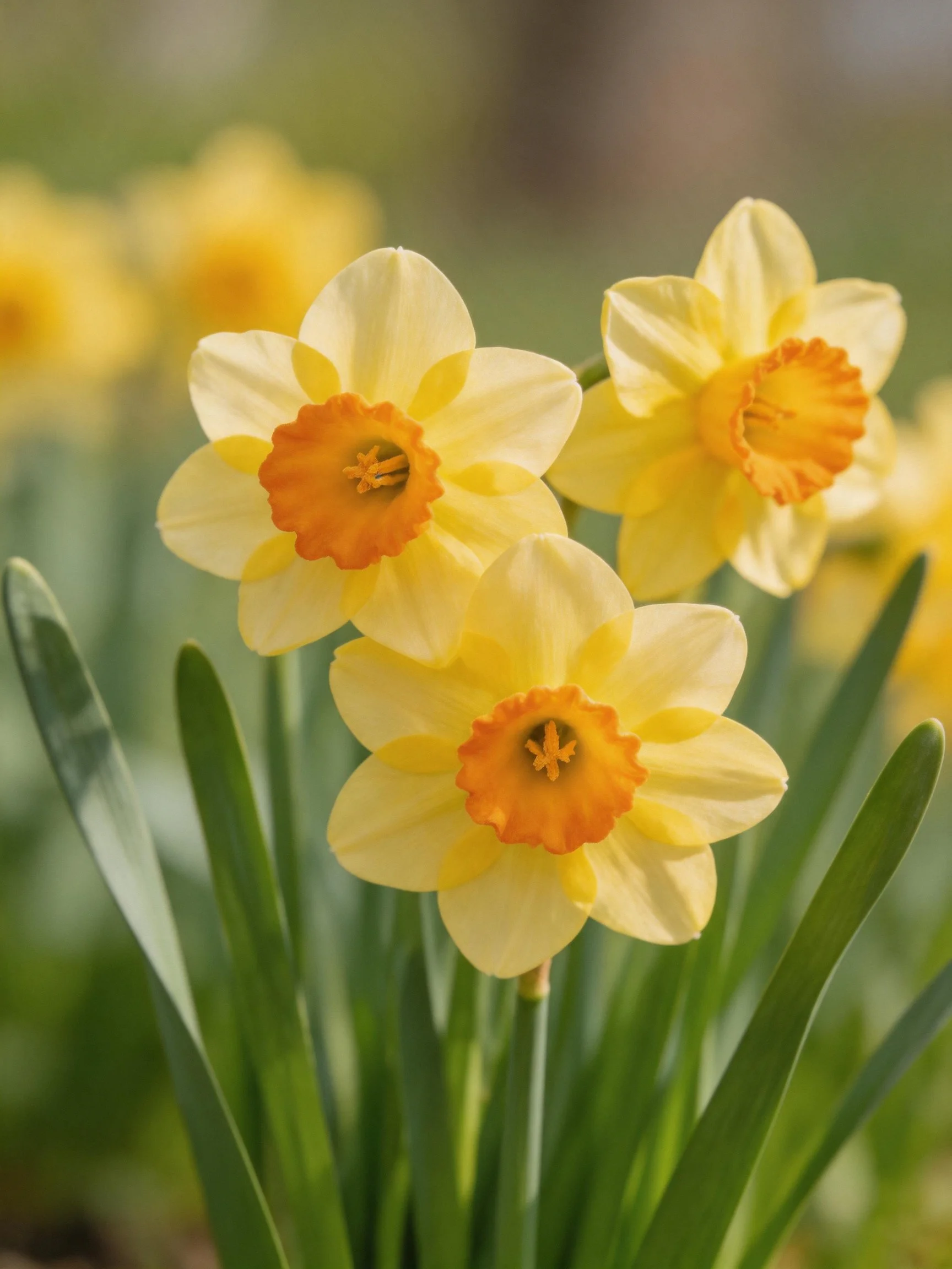 Three yellow daffodils with orange centers among green foliage