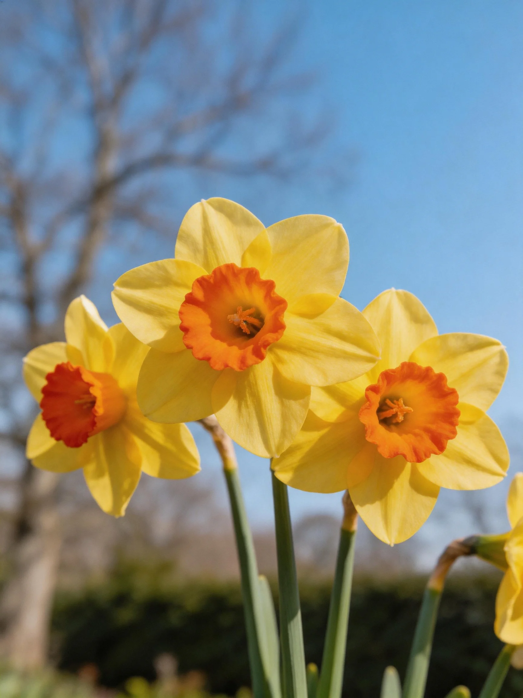 Three yellow daffodils with orange centers under clear blue sky