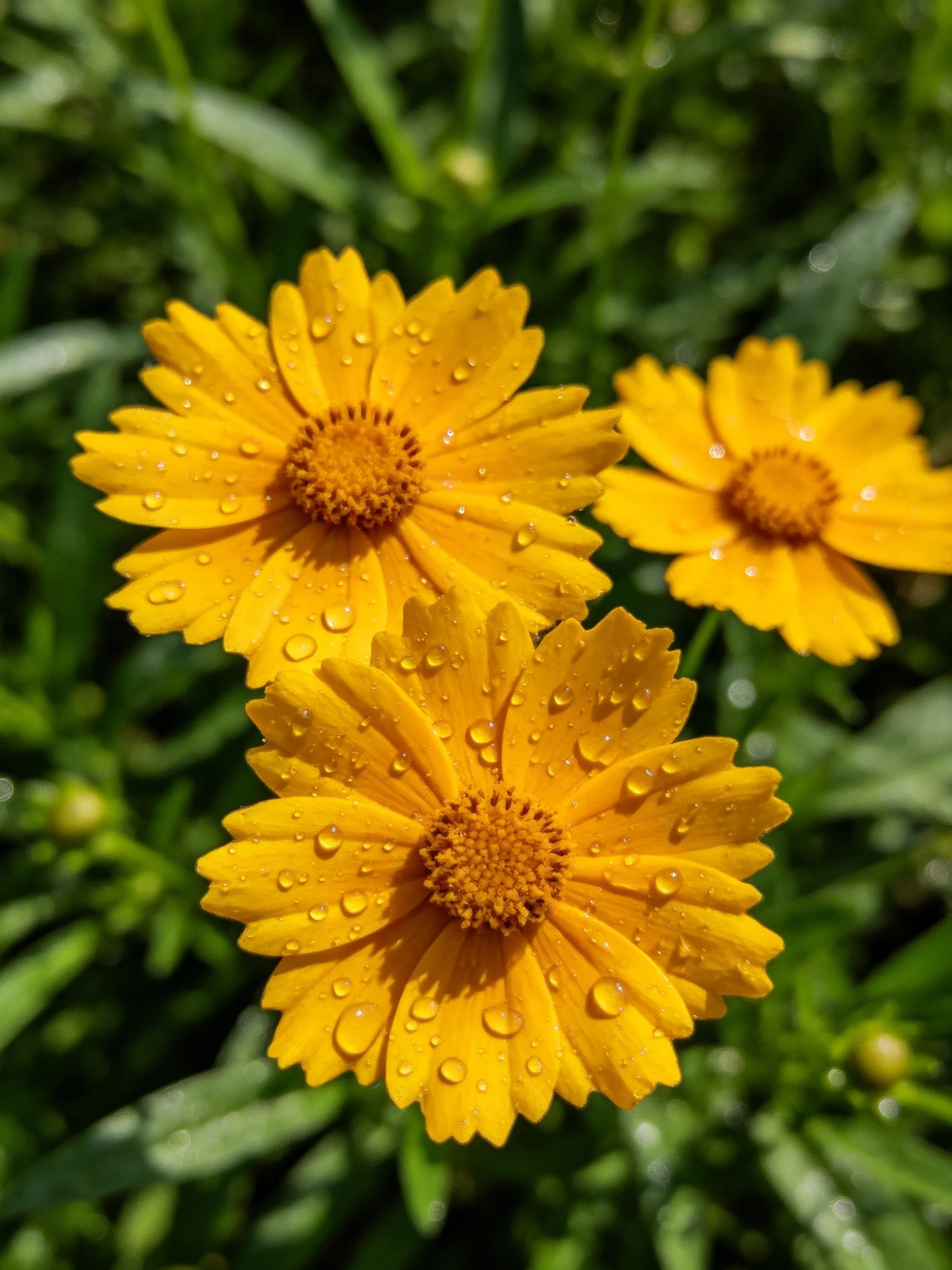 Three yellow flowers with water droplets amid green foliage