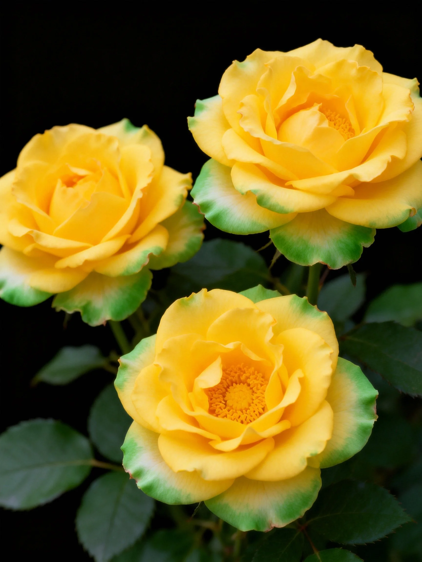 Three yellow roses with green-edged petals against a black background