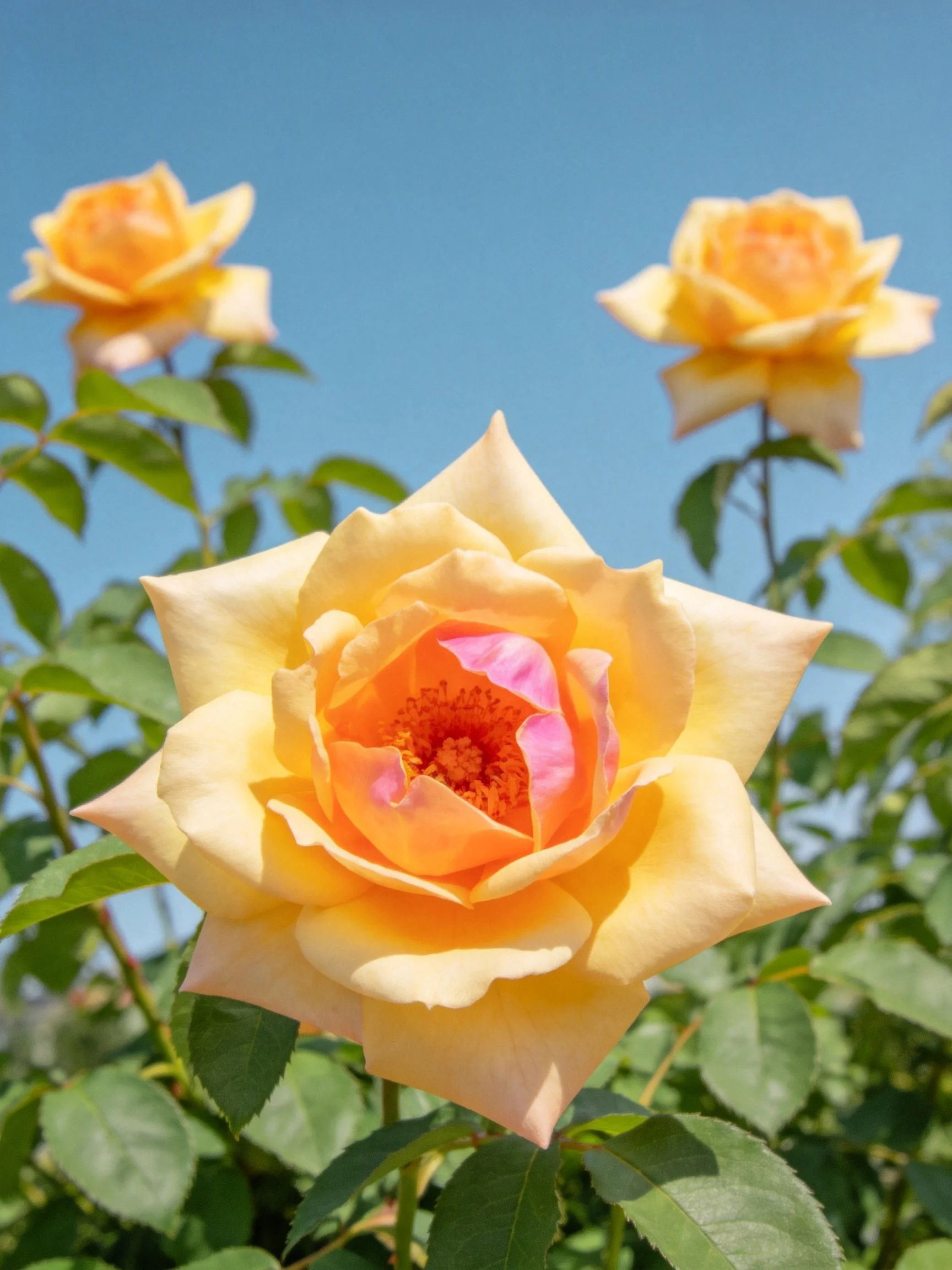 Three yellow roses with pink centers bloom among green leaves under a clear blue sky