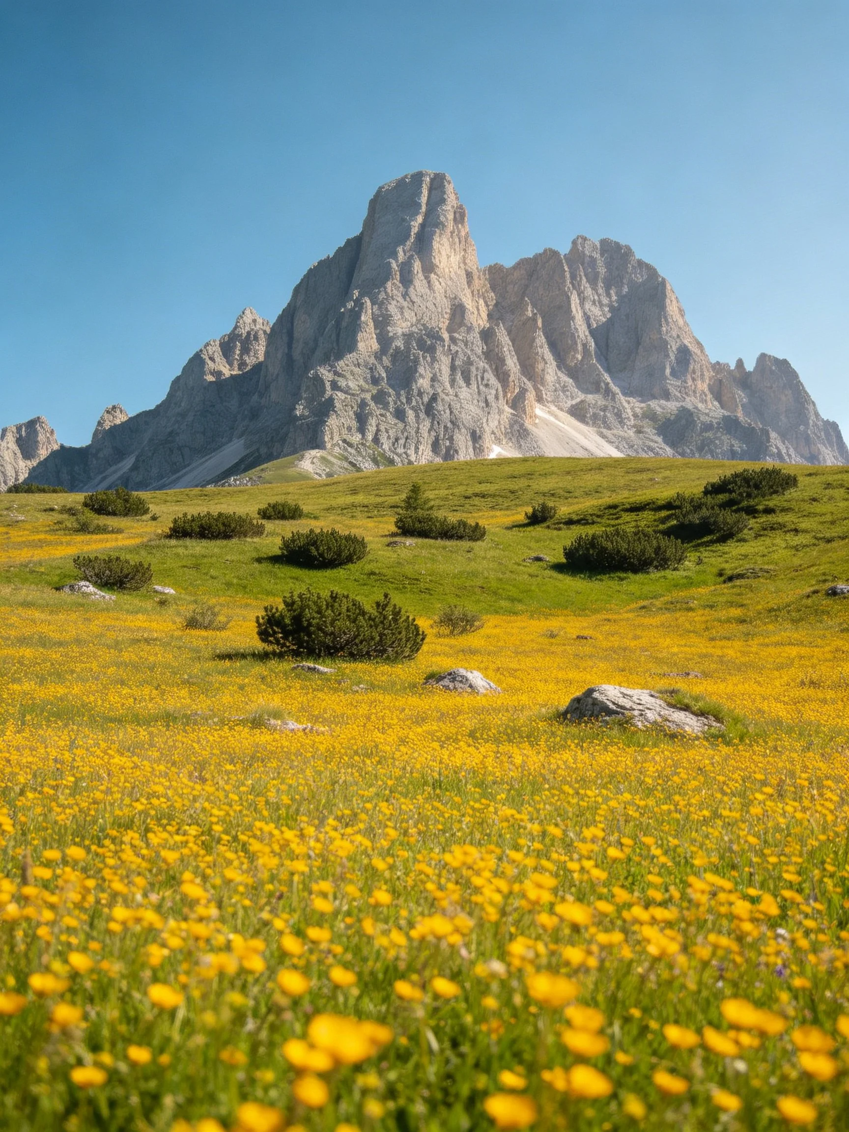Towering gray mountain overlooks vibrant yellow flower-filled meadow