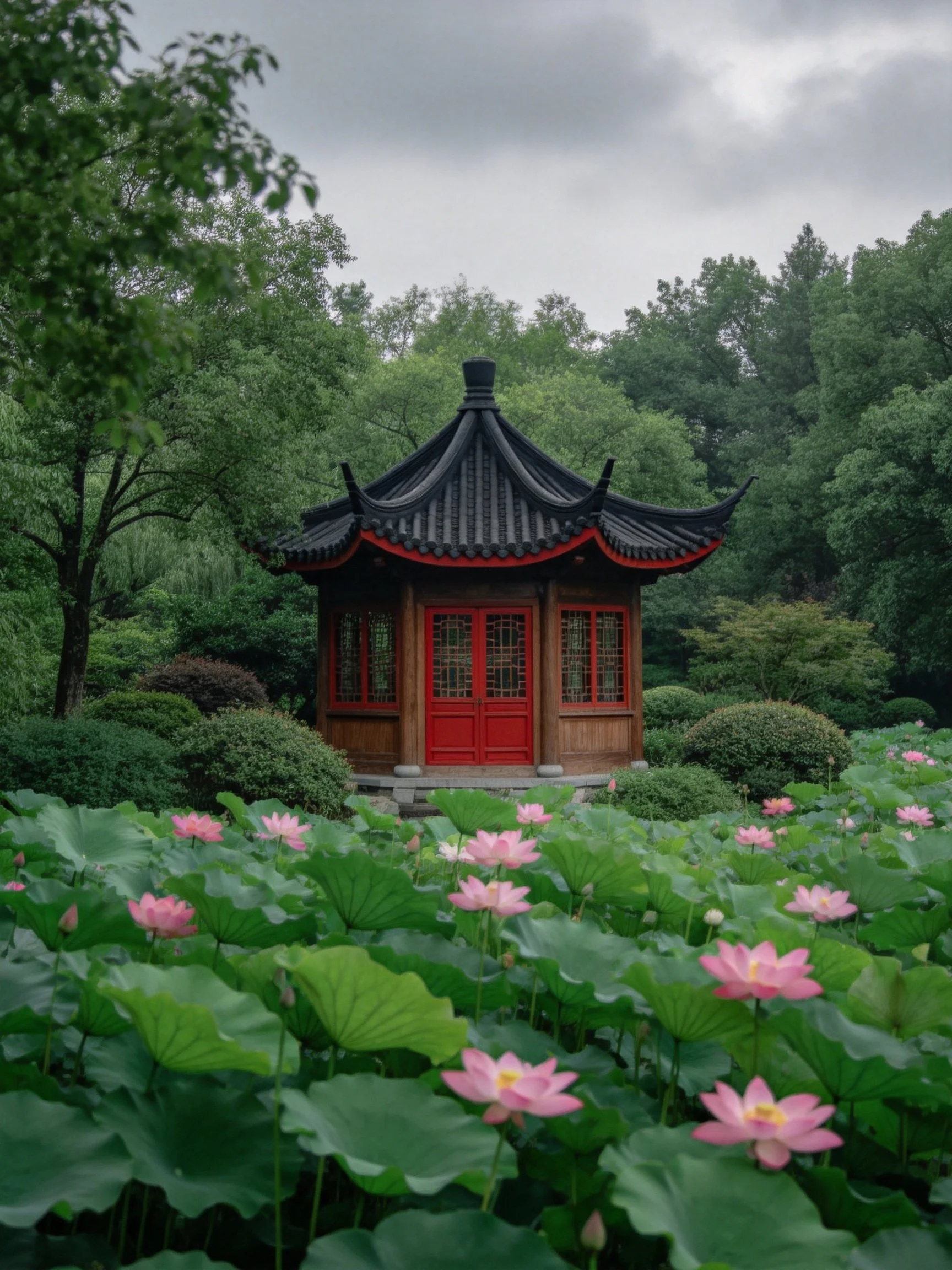 Traditional octagonal pavilion amid pink lotuses and lush greenery