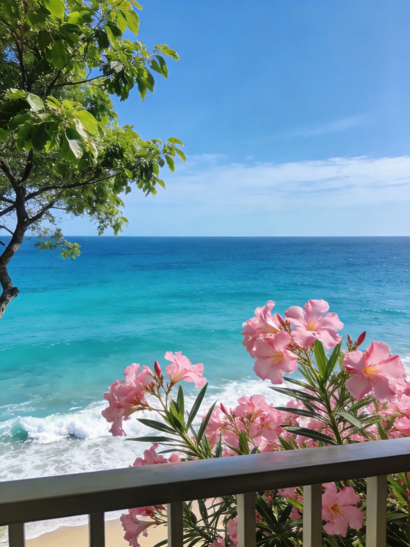 Turquoise Ocean with Pink Flowers and Green Foliage
