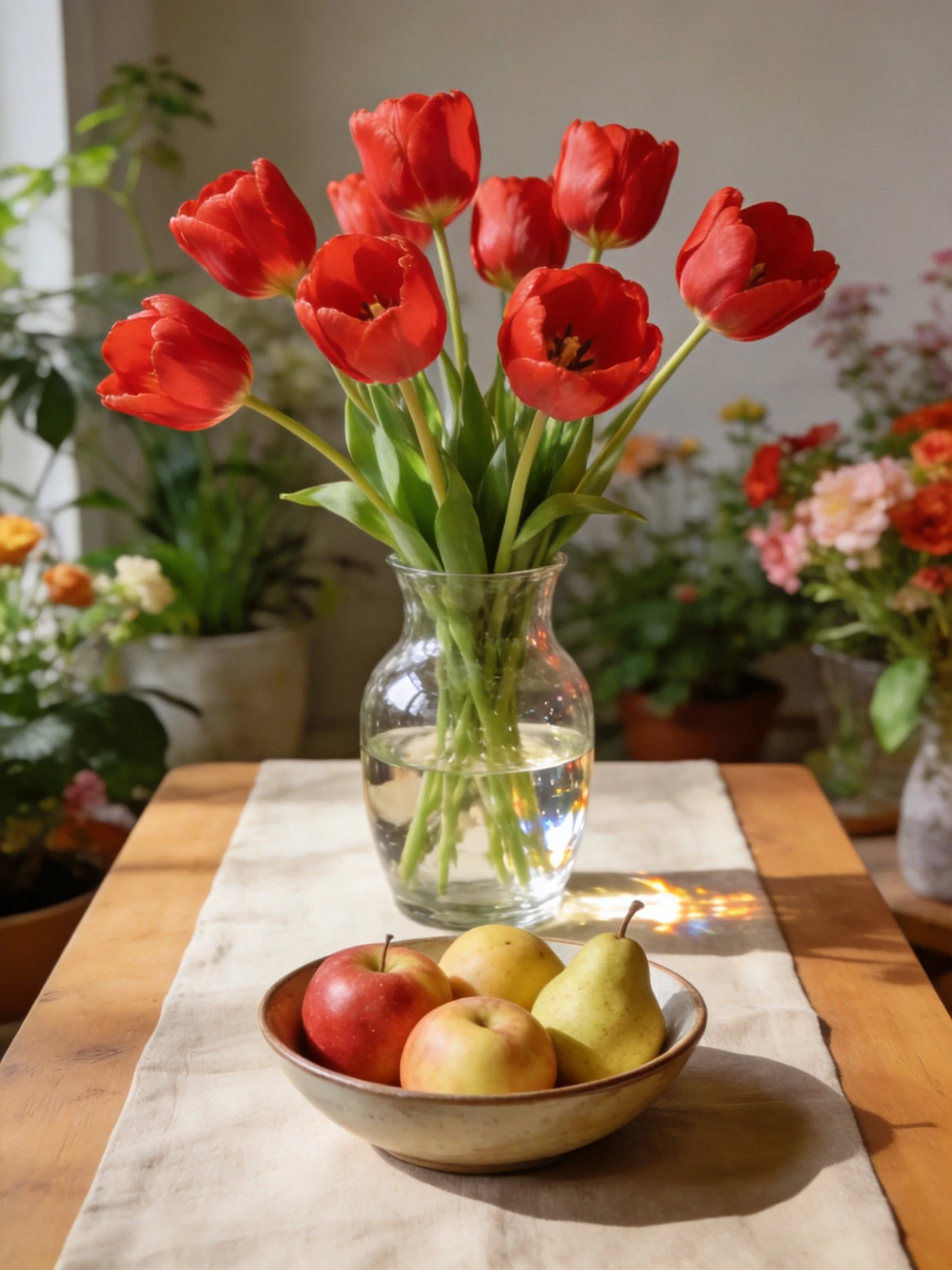 Twelve vibrant red tulips in a glass vase with a fruit bowl below
