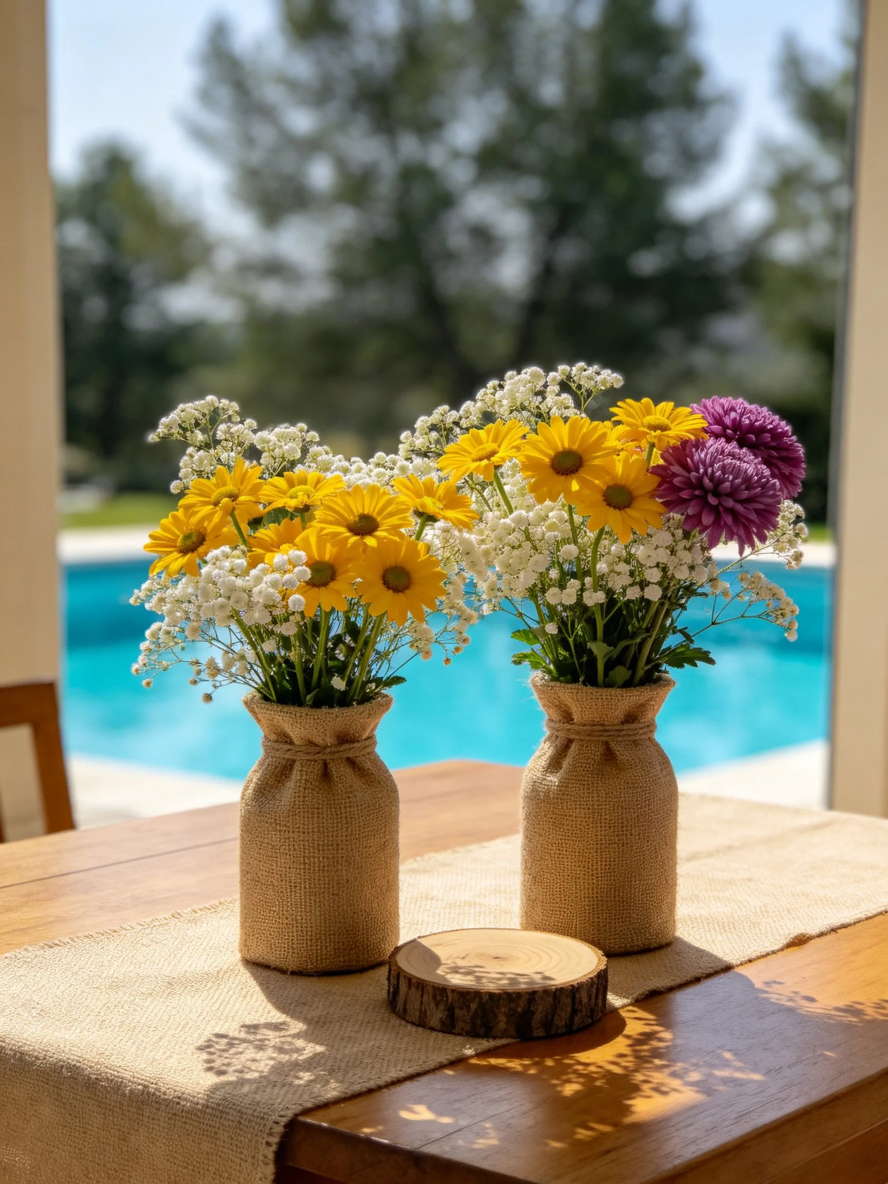 Two Burlap Vases with Yellow, Purple, White Flowers by a Pool