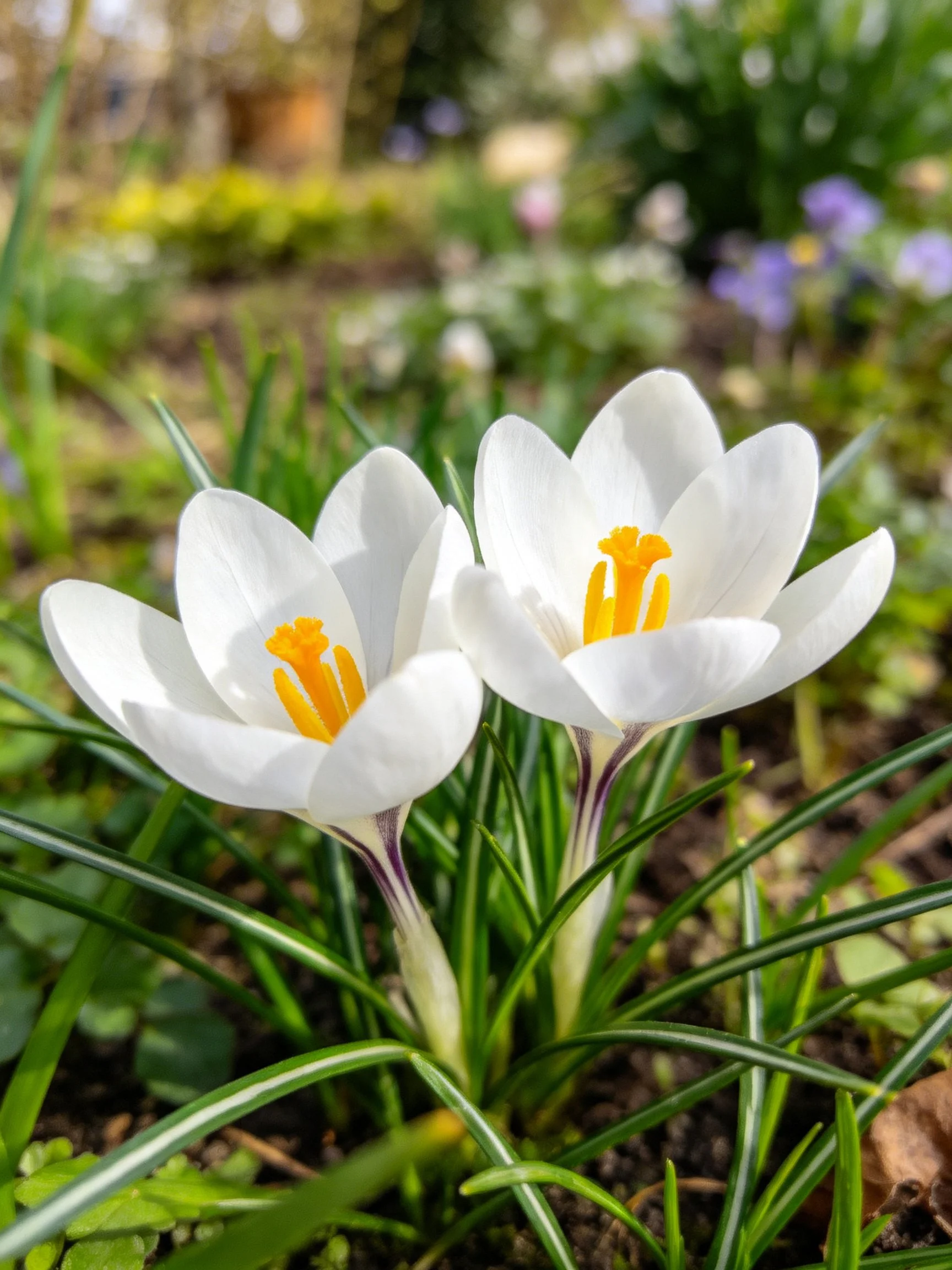 Two White Crocus Flowers with Yellow Stamens in a Garden