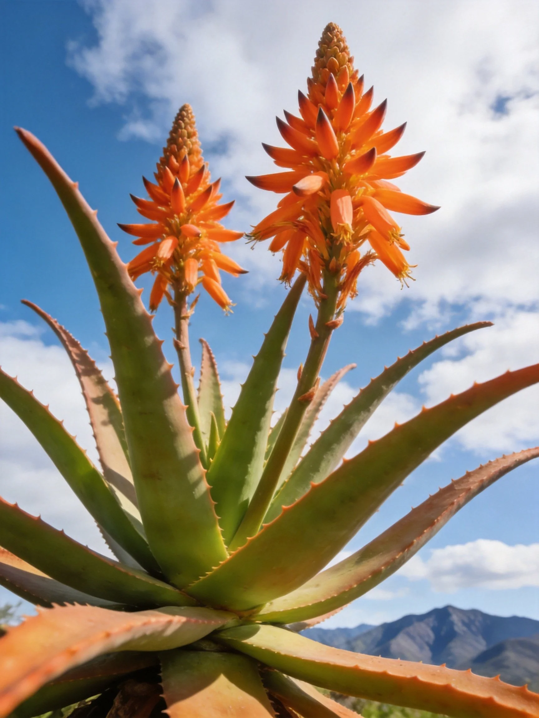 Two aloes with orange blooms and spiky green leaves under bright sky