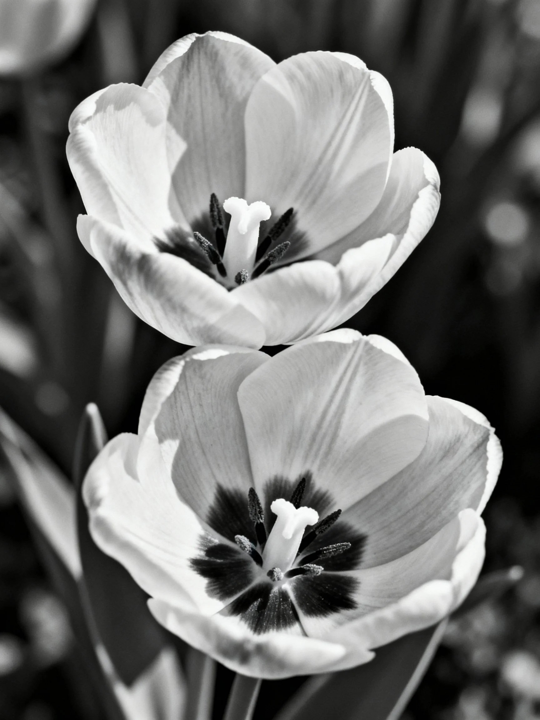 Two black-and-white tulips with dark centers