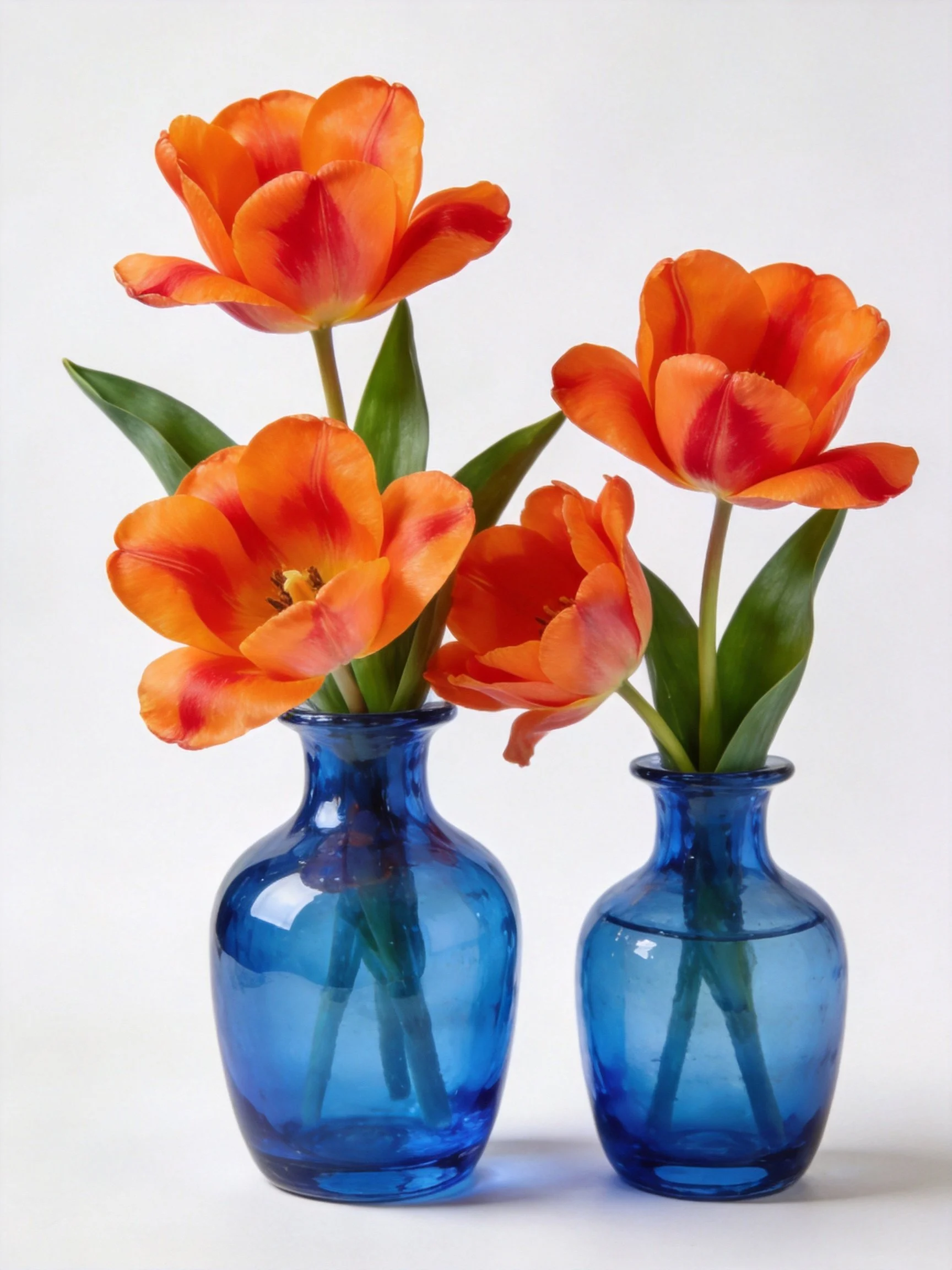 Two blue glass vases with vibrant orange tulip bouquets