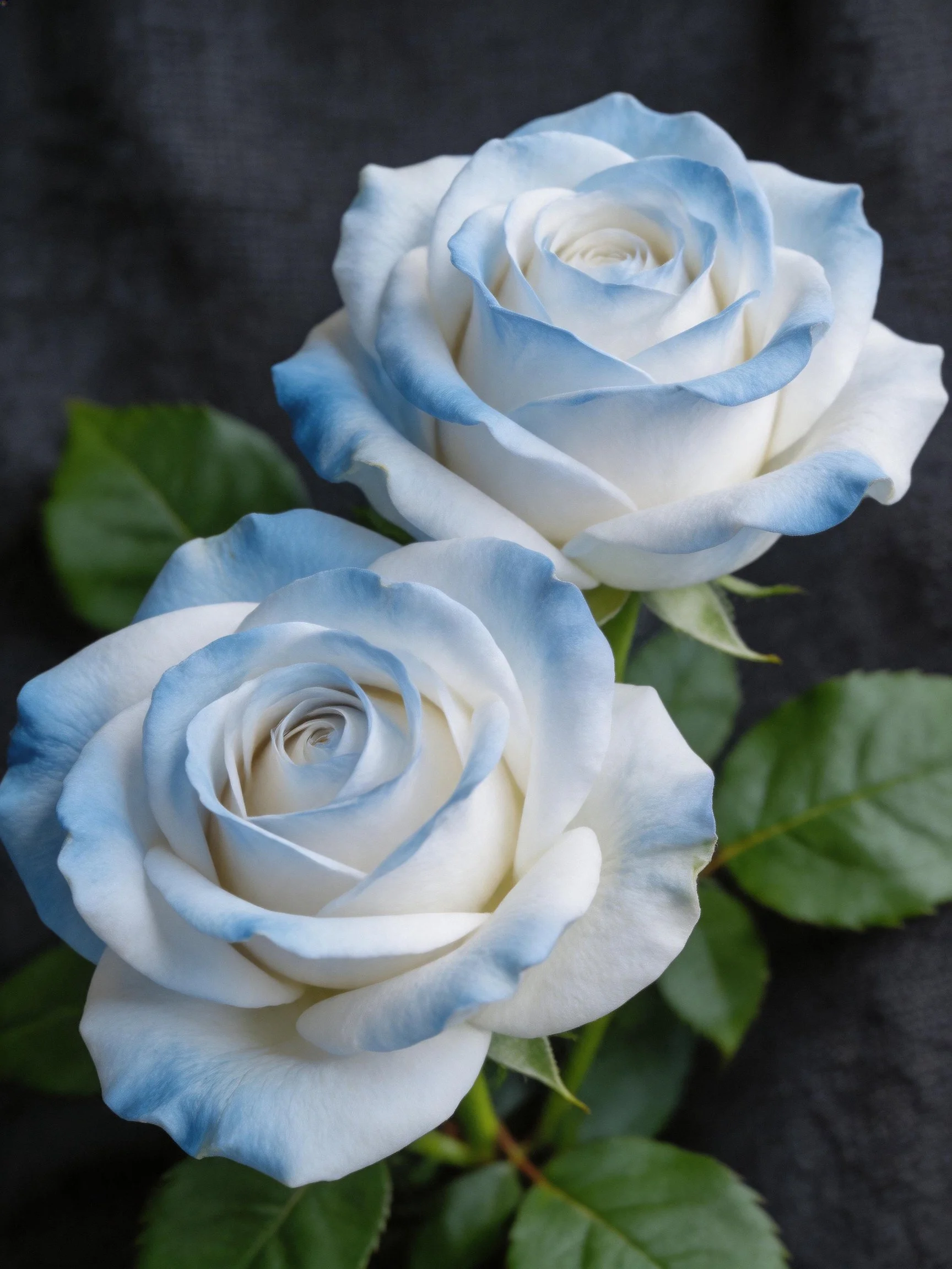 Two blue-tipped white roses with lush green leaves on a dark backdrop
