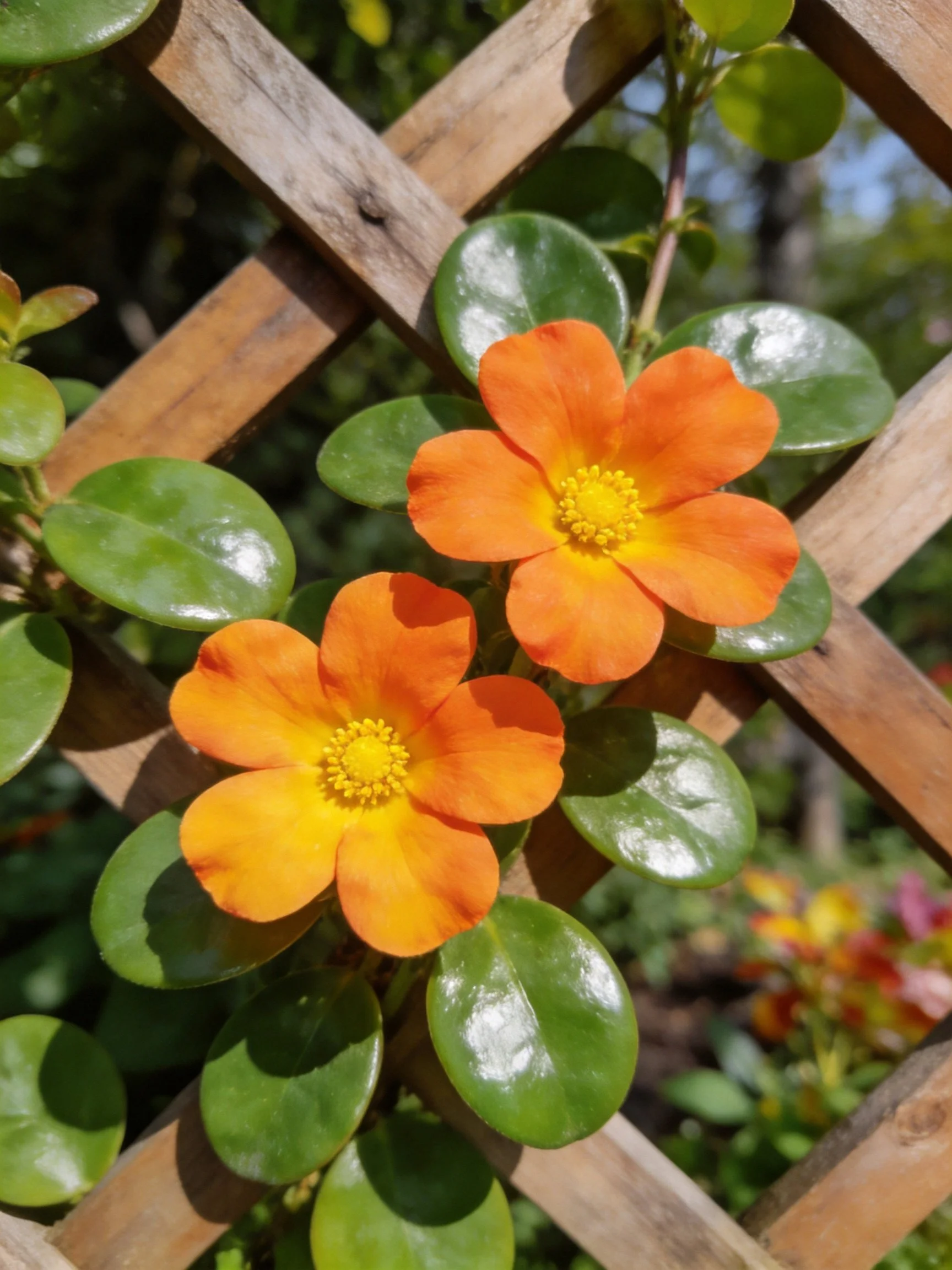 Two bright orange flowers with glossy green leaves near a wooden lattice