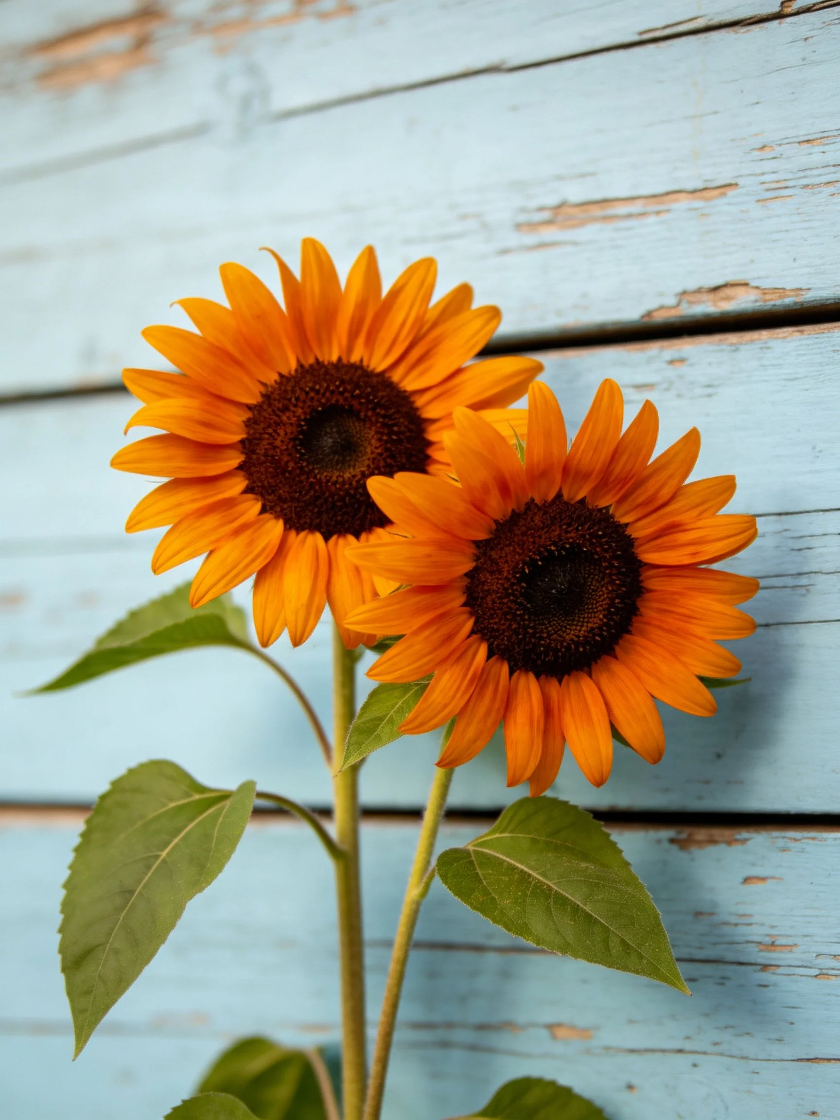 Two bright orange sunflowers beside aged blue wooden planks