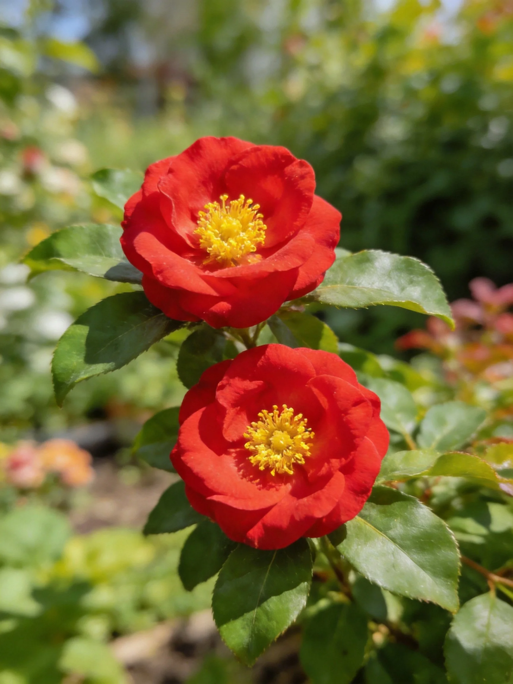 Two bright red flowers with yellow centers amid green foliage