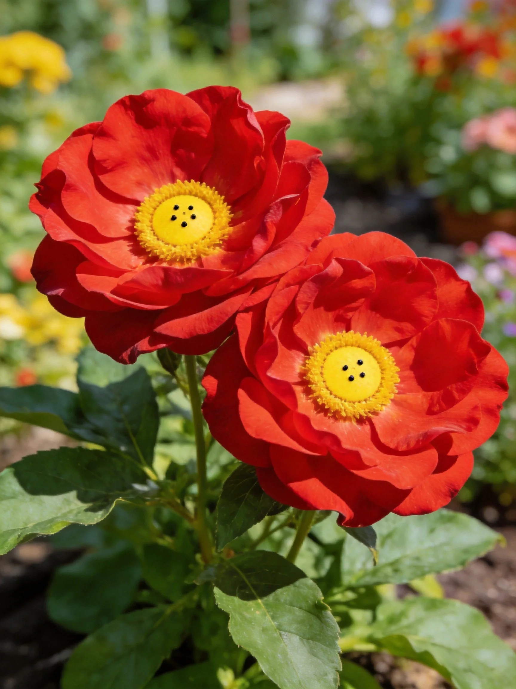 Two bright red flowers with yellow centers in a garden setting