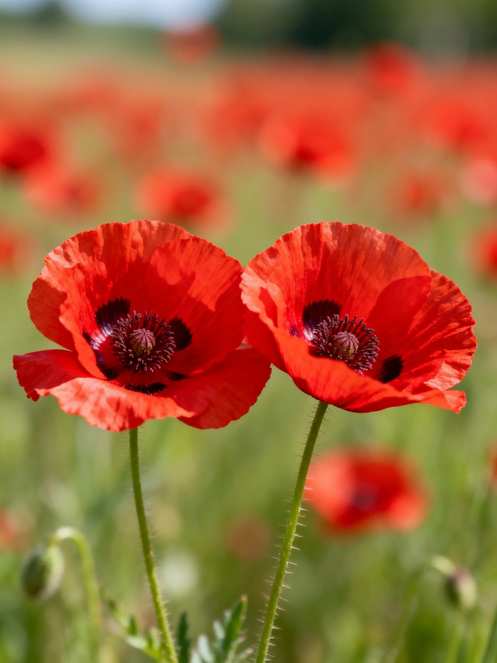 Two bright red poppies amidst a sea of blurred red flowers
