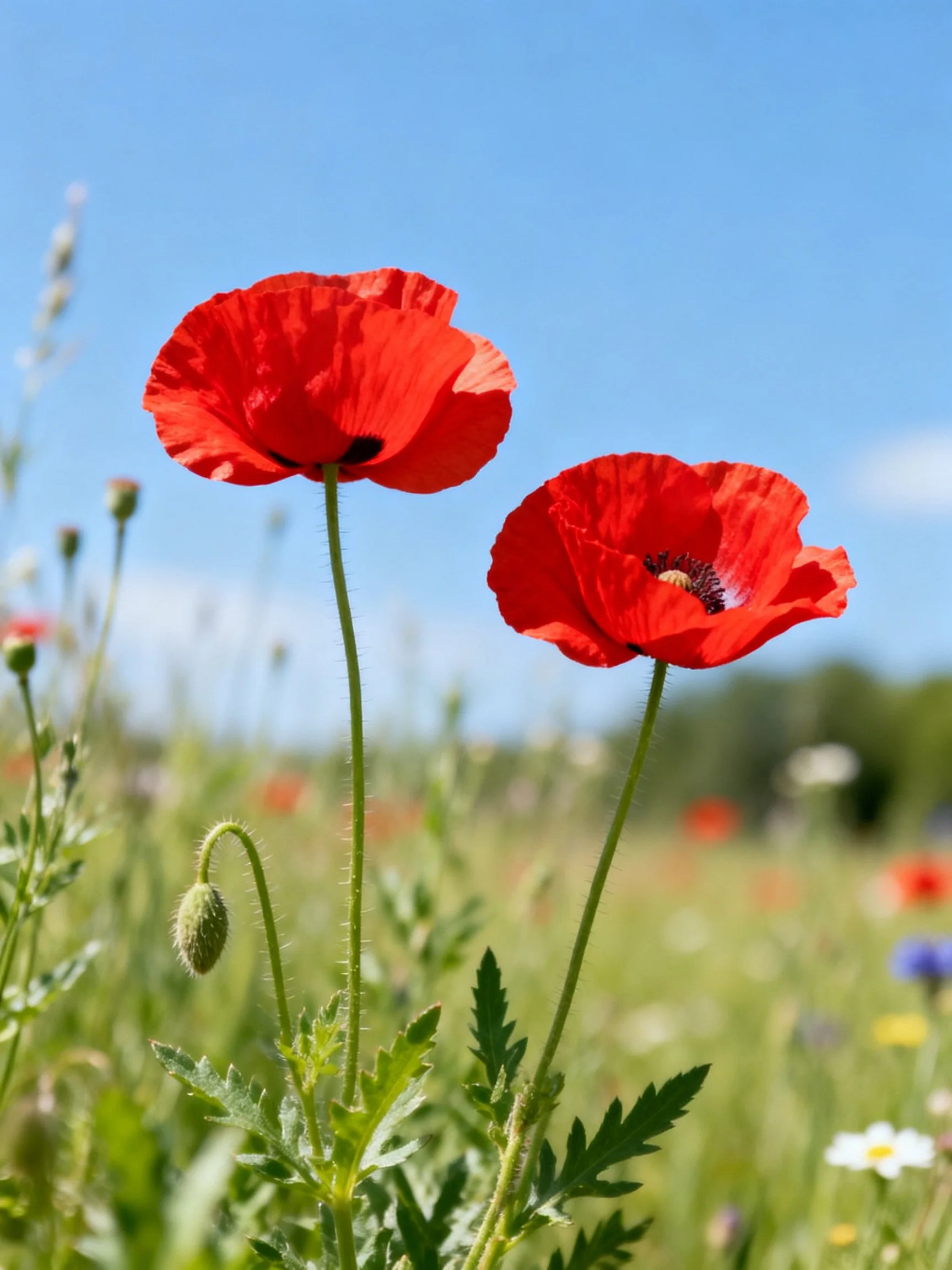 Two bright red poppies bloom in a sunlit meadow