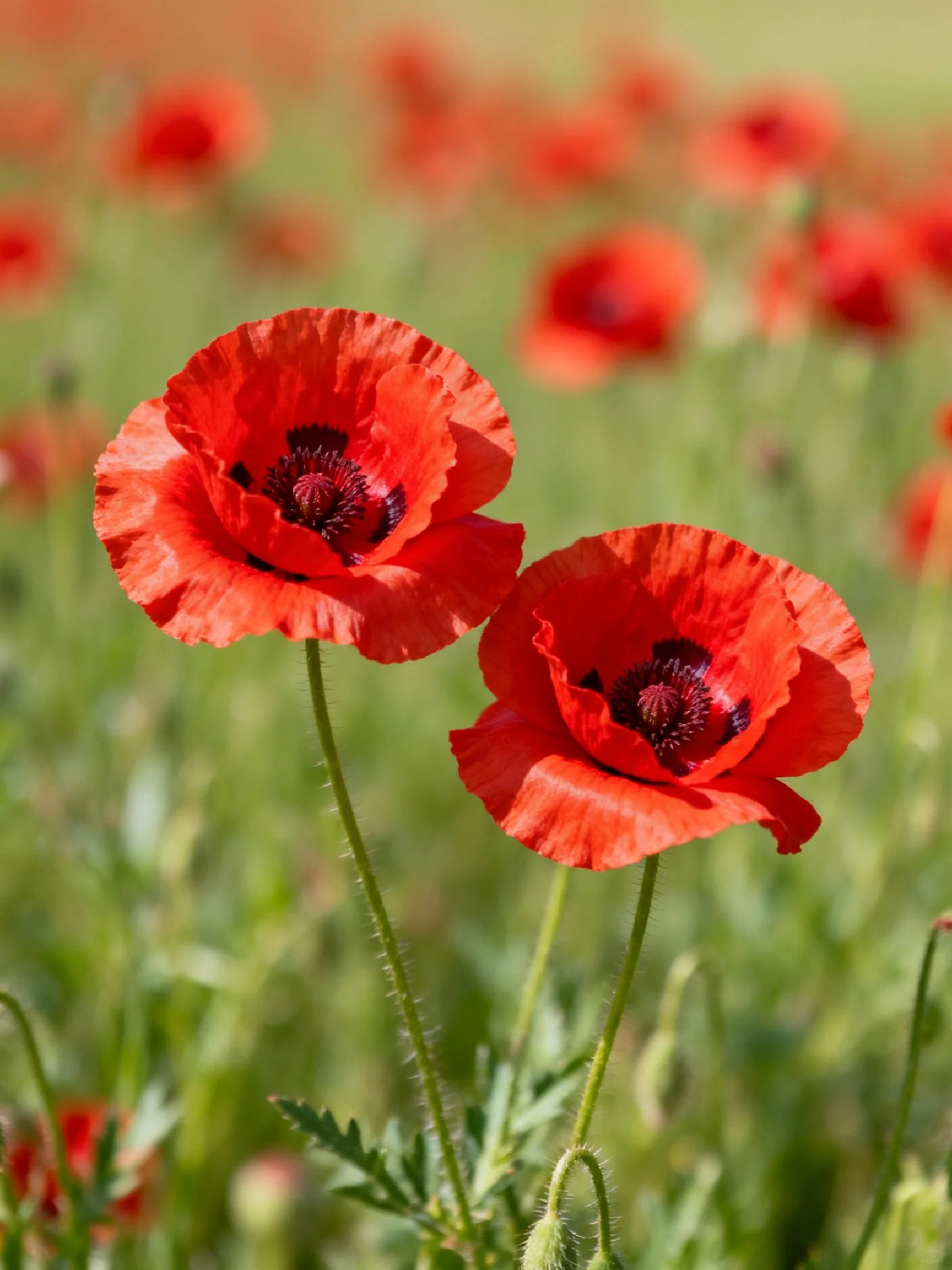 Two bright red poppies with dark centers stand out against blurred green foliage