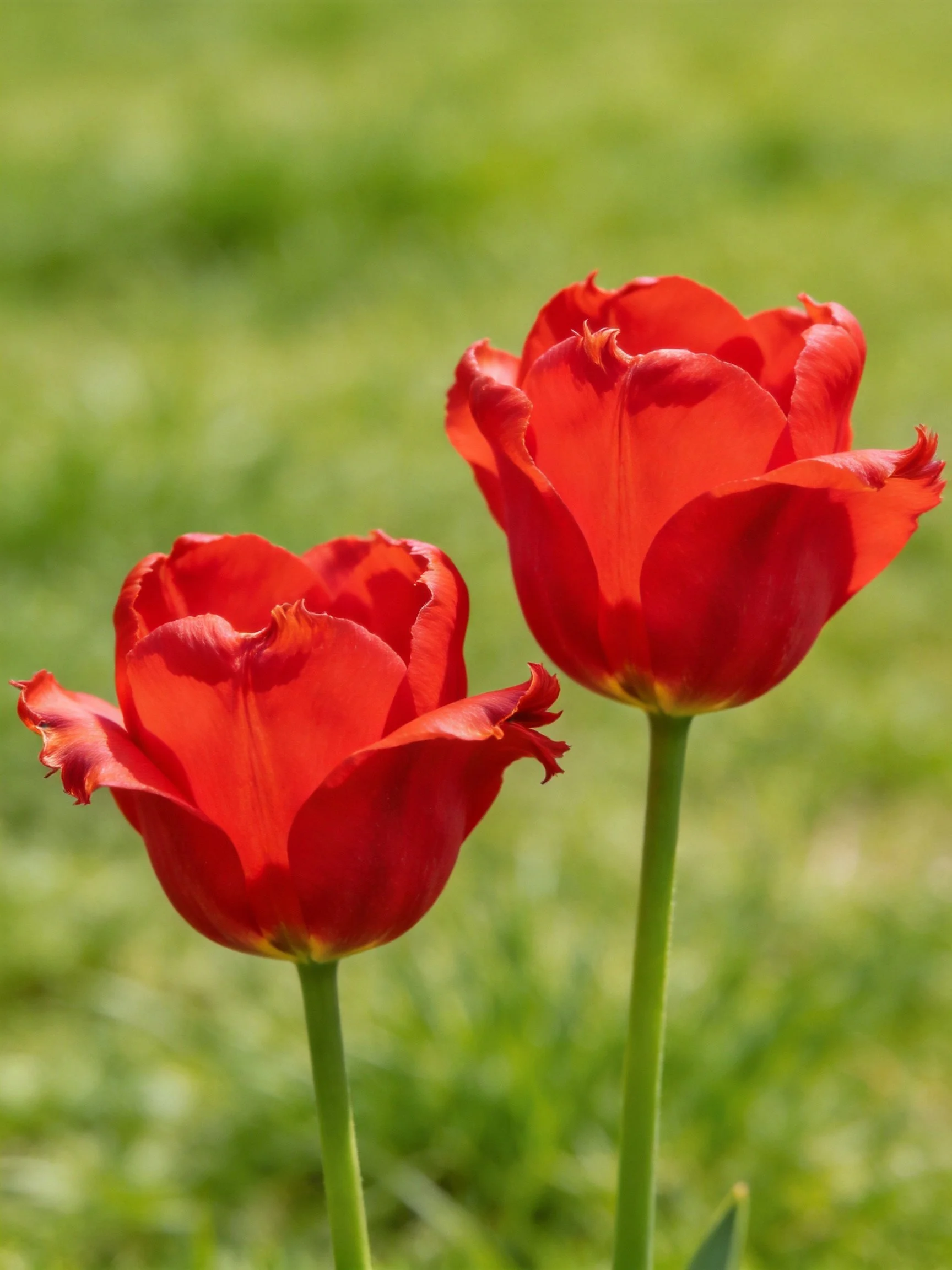 Two bright red tulips stand against a green background