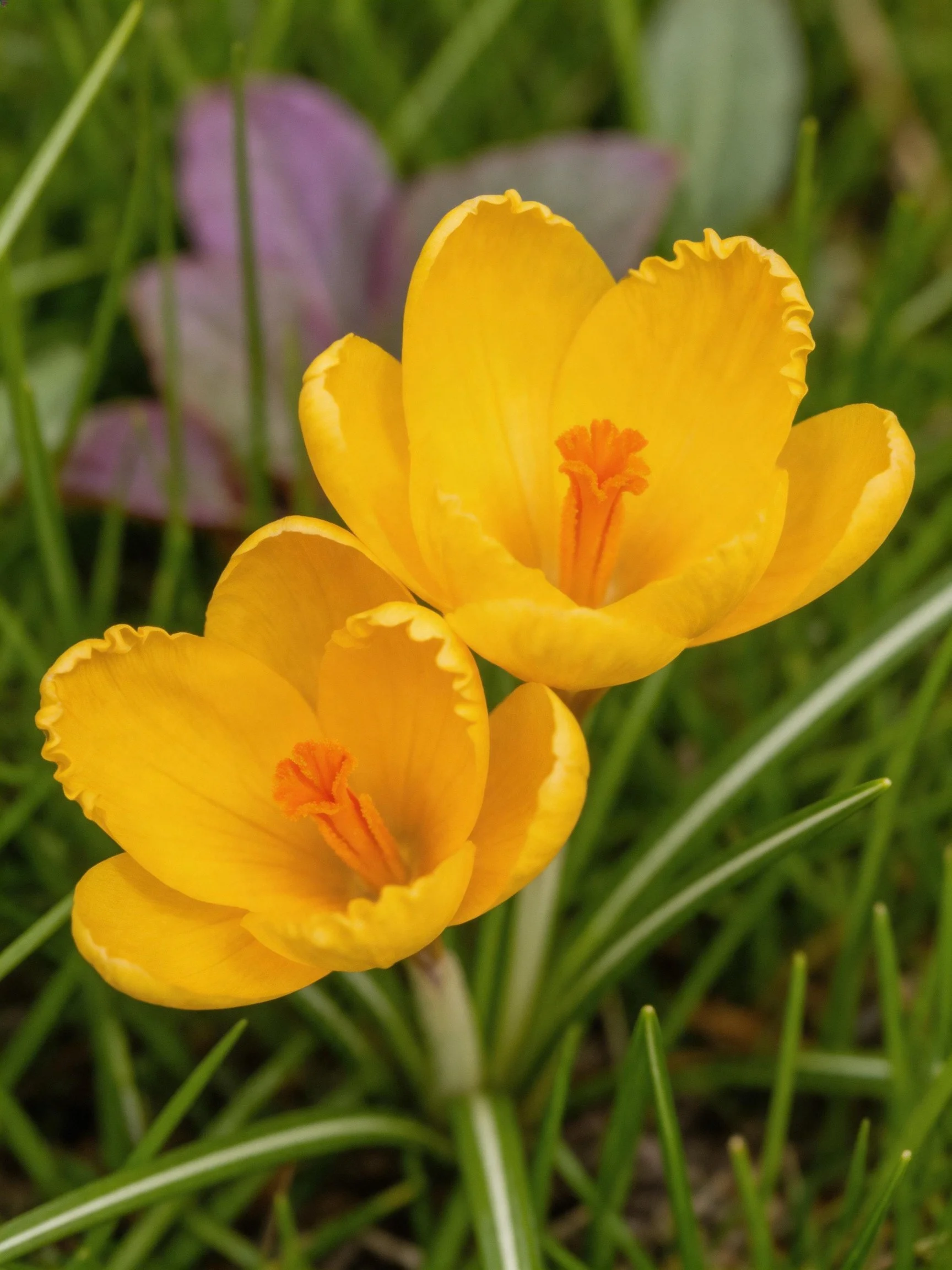 Two bright yellow crocus blooms amidst green grass and purple leaves
