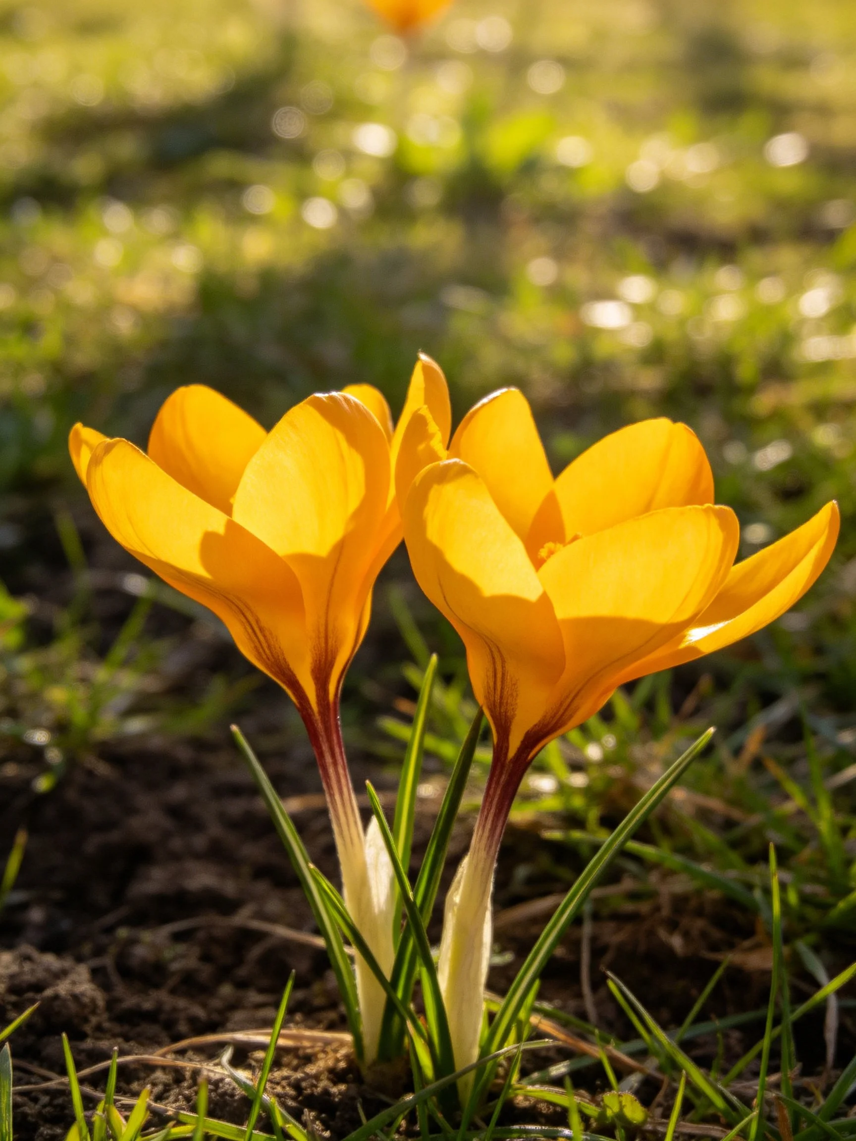 Two bright yellow crocus blooms emerging from earthy soil