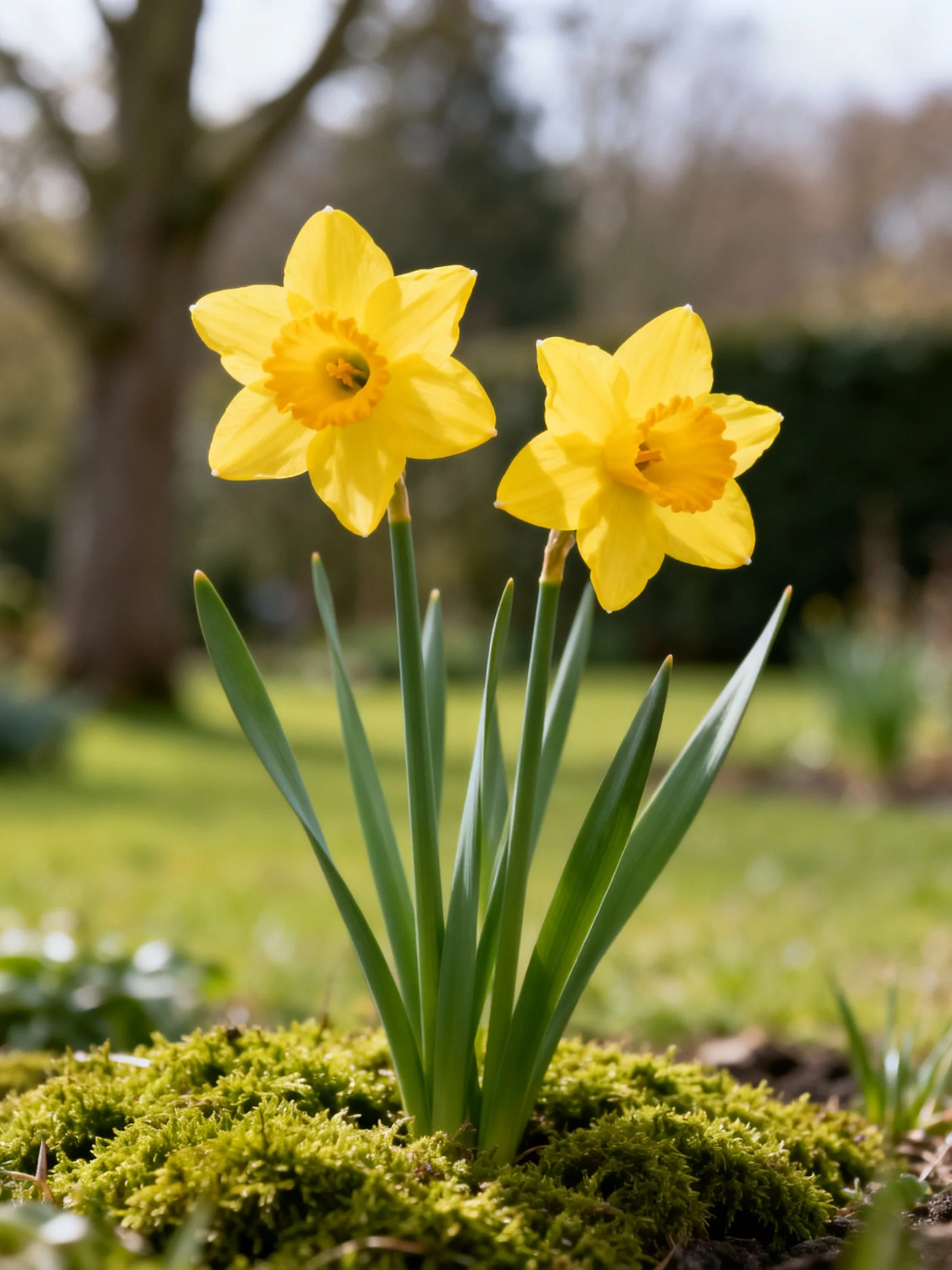 Two bright yellow daffodils bloom amid lush green moss