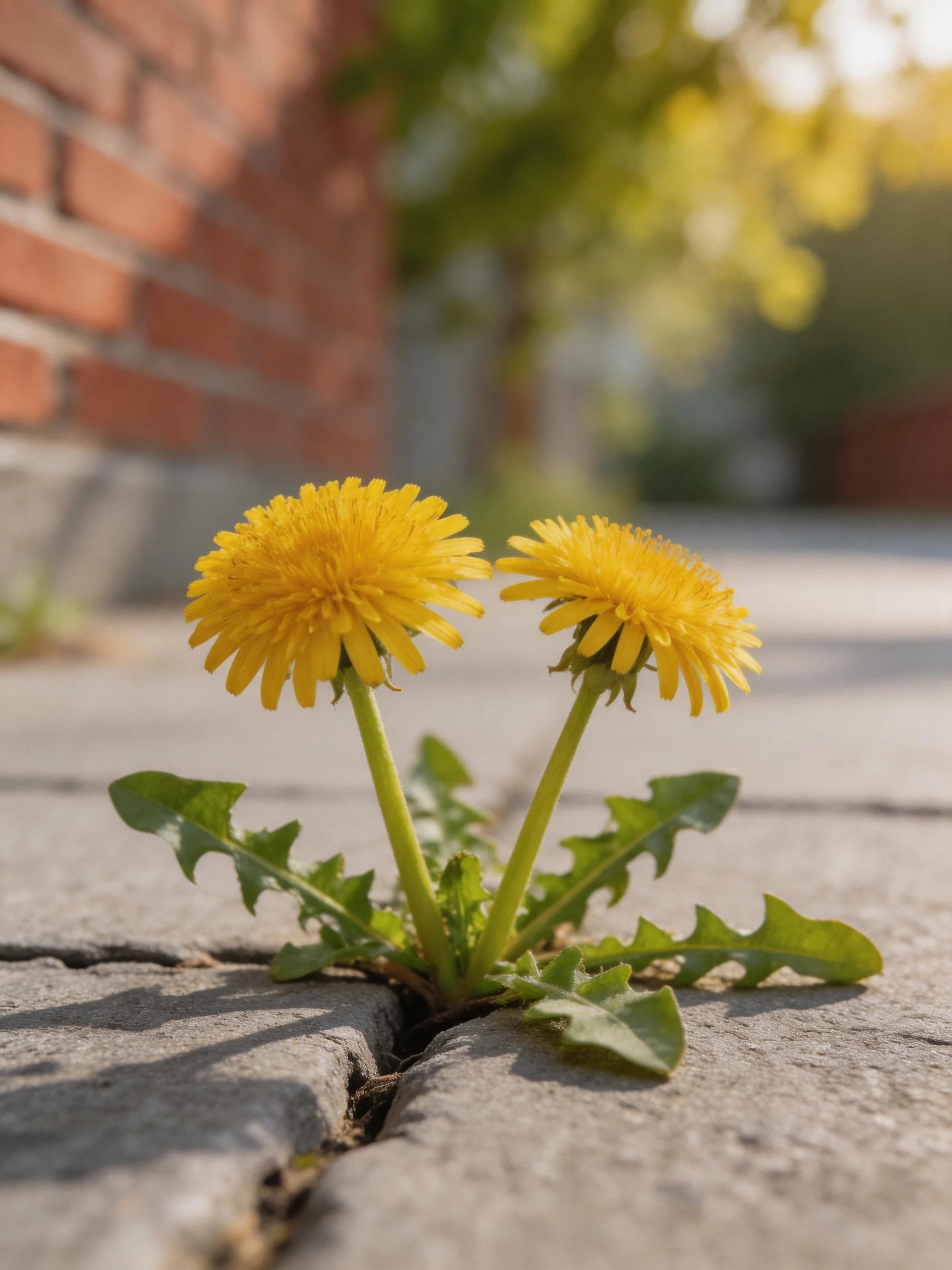 Two bright yellow dandelions bloom between concrete slabs near a brick wall