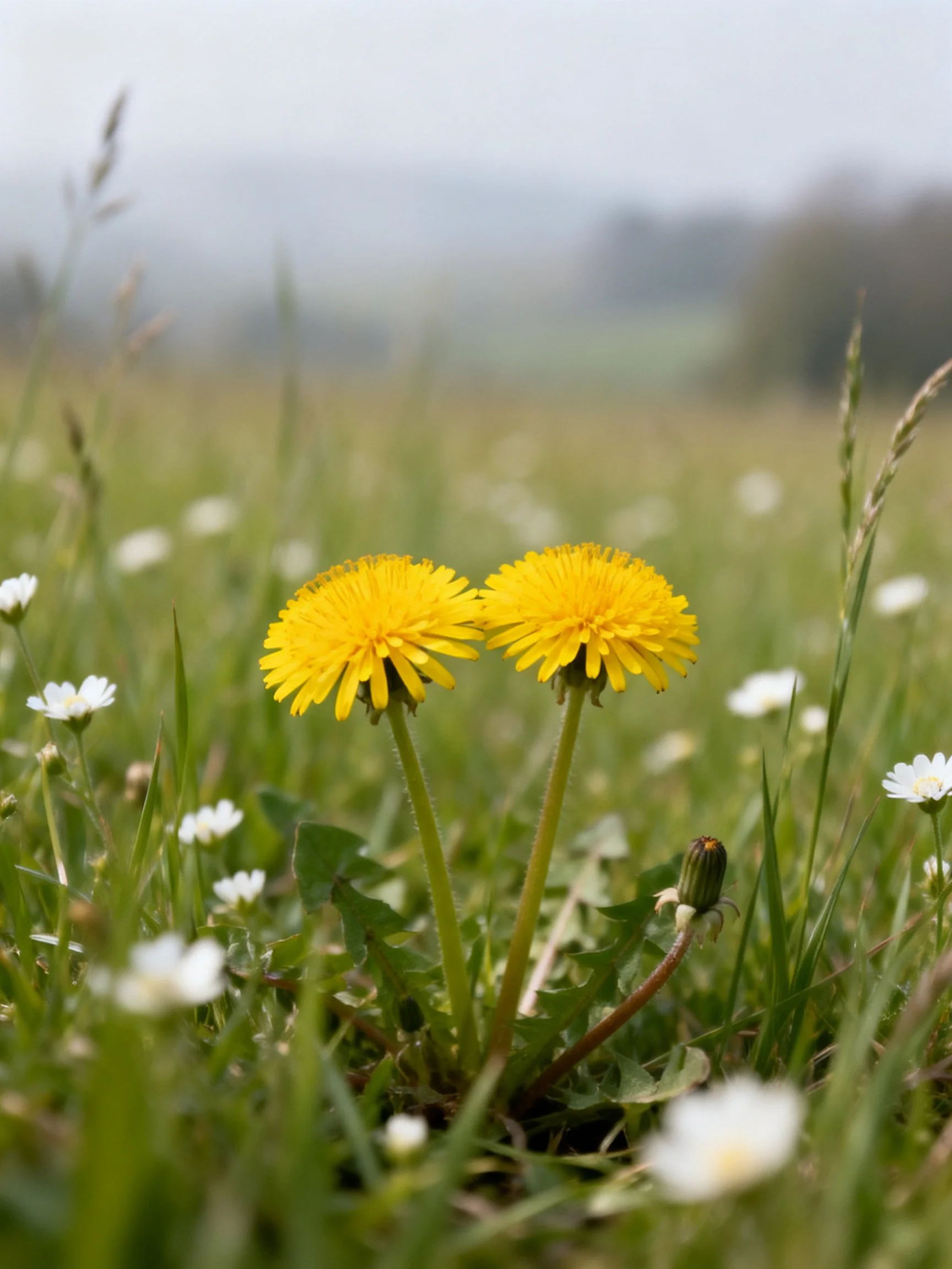 Two bright yellow dandelions in a grassy meadow with small white flowers